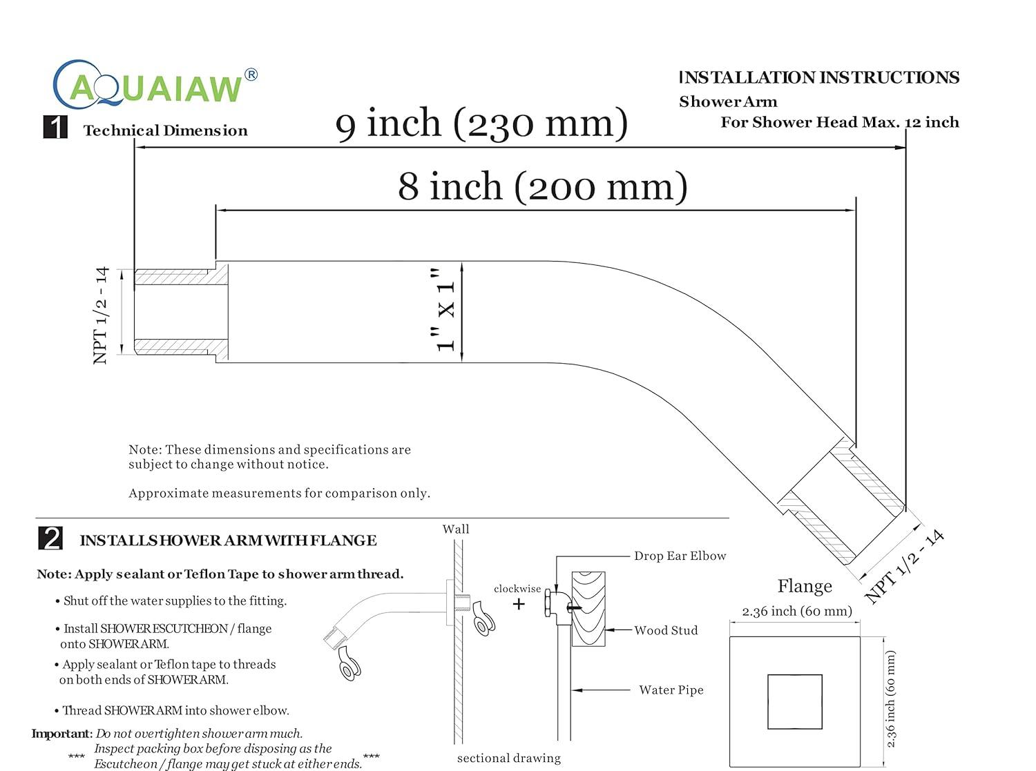 Aquaiaw Square Shower Arm and Anti-Scratch O-Ring Flange, 8 inch, Heavy-Duty Solid Brass, Both Soldered 1/2-14 NPT Tapered Threads, Wall Mount Shower Head Extension Arm (Polished Chrome)