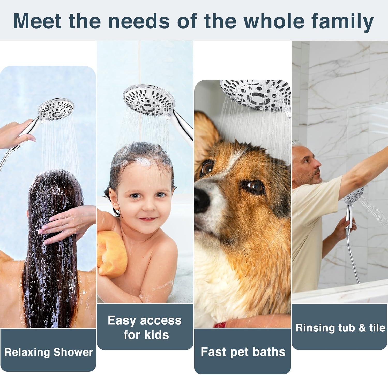 BRIGHT SHOWERS 9 Spray Settings Handheld Shower Head Set High Pressure Chrome Hand Held Showerhead with 60 Inch Flexible Shower Hose and Adjustable Shower Arm Mount Bracket