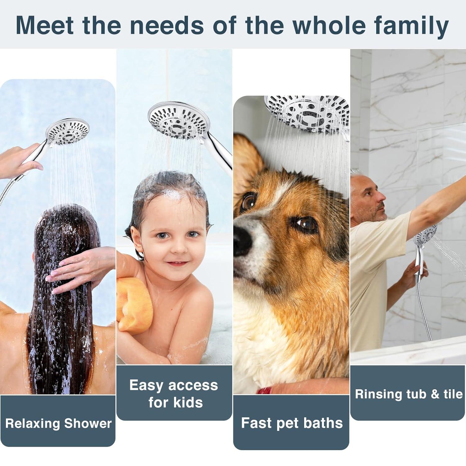 BRIGHT SHOWERS 9 Spray Settings Handheld Shower Head Set High Pressure Chrome Hand Held Showerhead with 60 Inch Flexible Shower Hose and Adjustable Shower Arm Mount Bracket