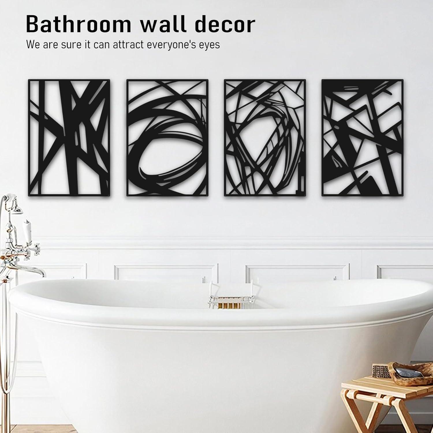 WINUSD 4Pcs Abstract Black Metal Wall Art, 3D Textured Metal Wall Decor, Modern Hollow Out Design Metal Wall Sculptures, Minimalist Line Art Home Decor for Living Rooms Offices Restaurants(16 x 11)