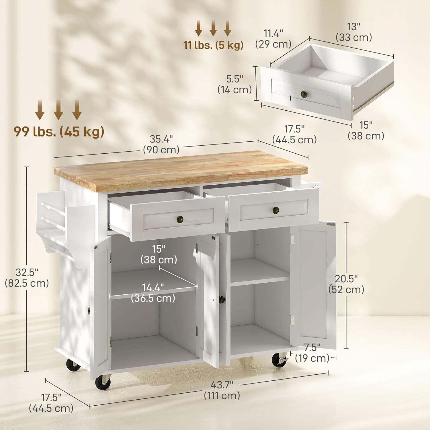 HOMCOM Kitchen Island on Wheels, Rolling Cart with Rubber Wood Top, Spice Rack, Towel Rack & Drawers for Dining Room, White