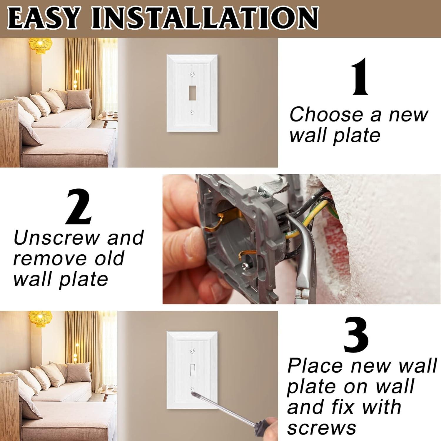 Modern Decorative Wall Plate Switch Plate Outlet Cover, Vintage Retro Wood Grain Design(Single Toggle-4 Pack, White)