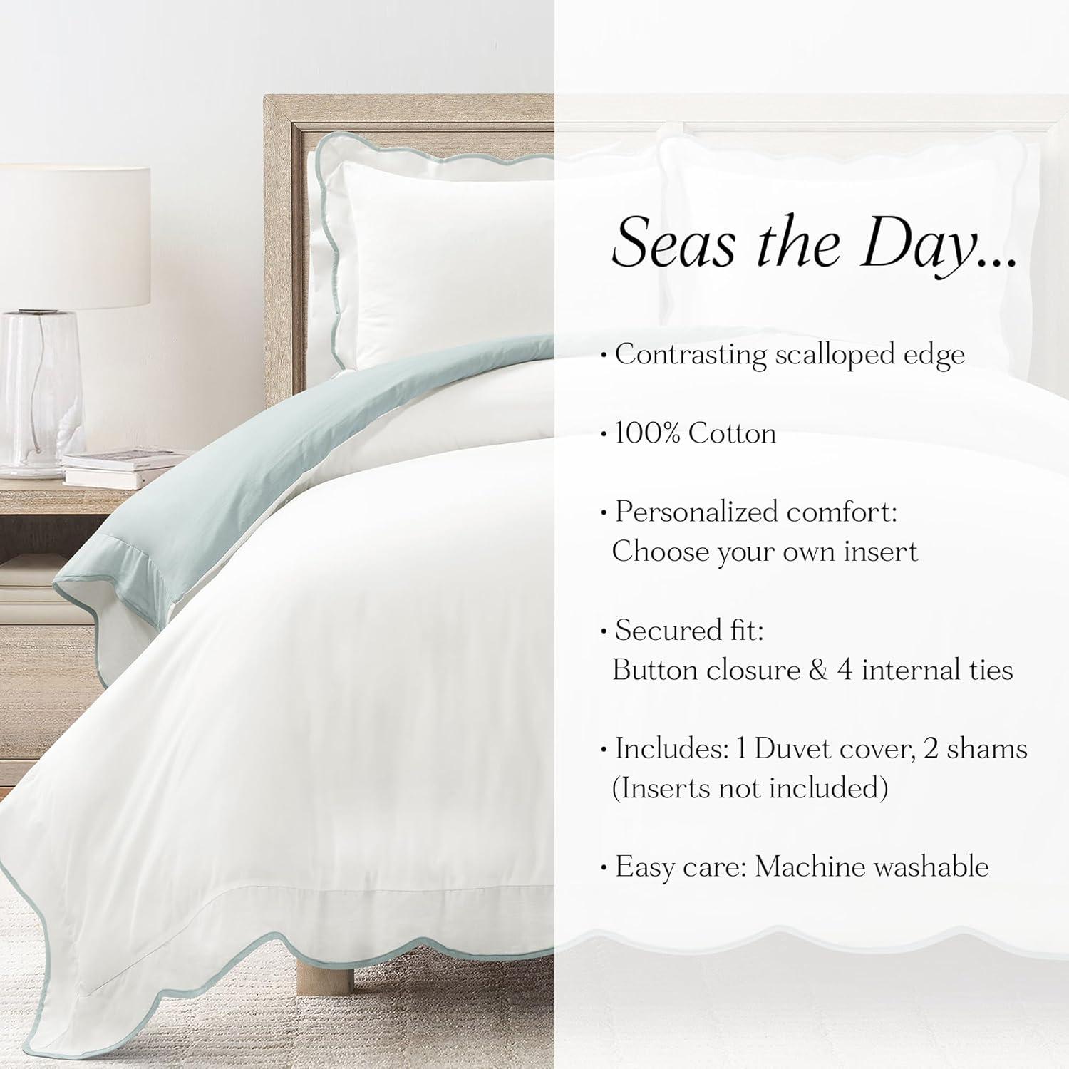 Full/Queen White and Blue Cotton Coastal Chic Duvet Cover Set