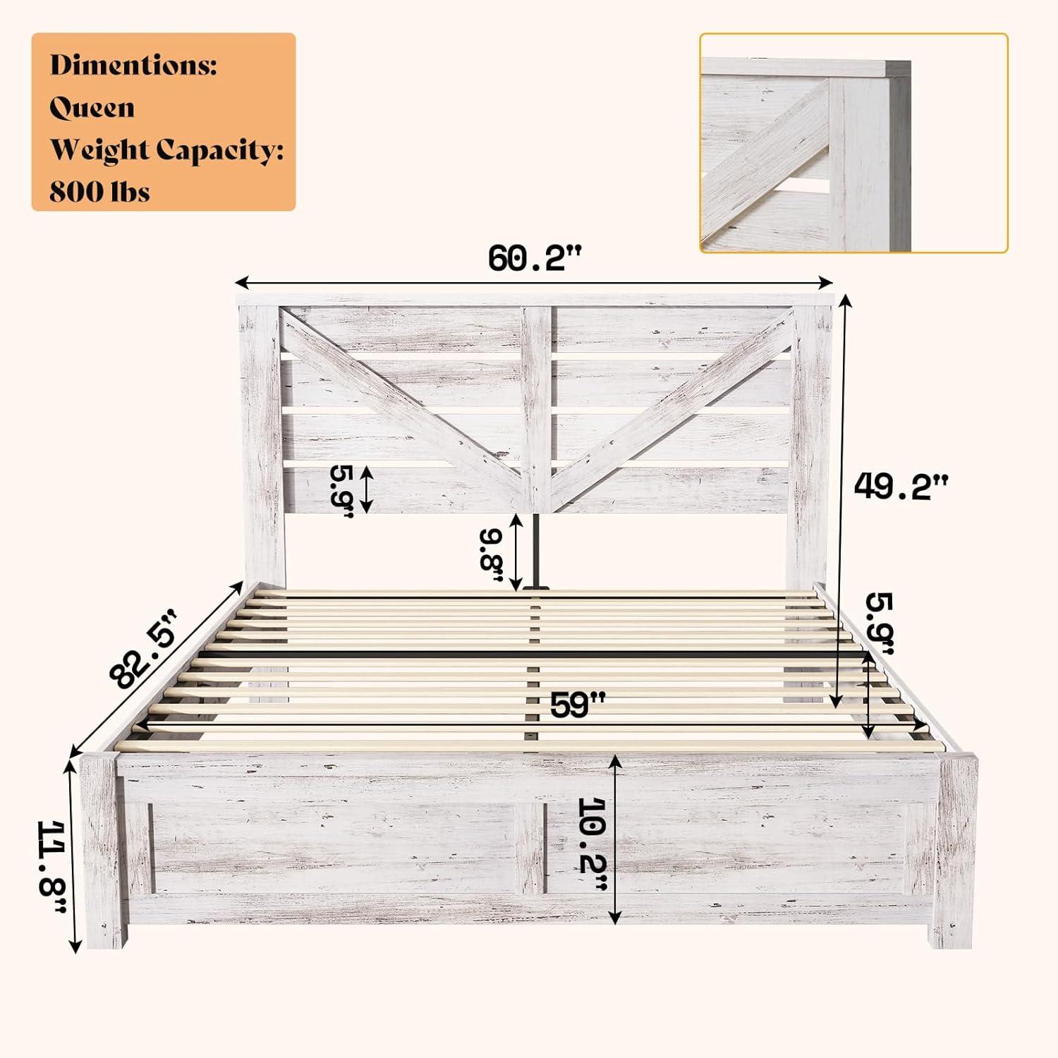 Distressed White Queen Size Wooden Farmhouse Bed Frame with Barn Door Headboard