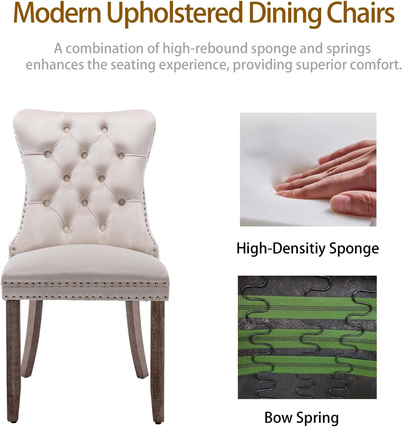 Beige Velvet Dining Chairs Set of 4, Upholstered Dining Room Chairs with Back Ring Pull Trim and Solid Wood Legs, Tufted Wingback Kitchen Chairs for Dining Room,Living Room,Kitchen(Beige)