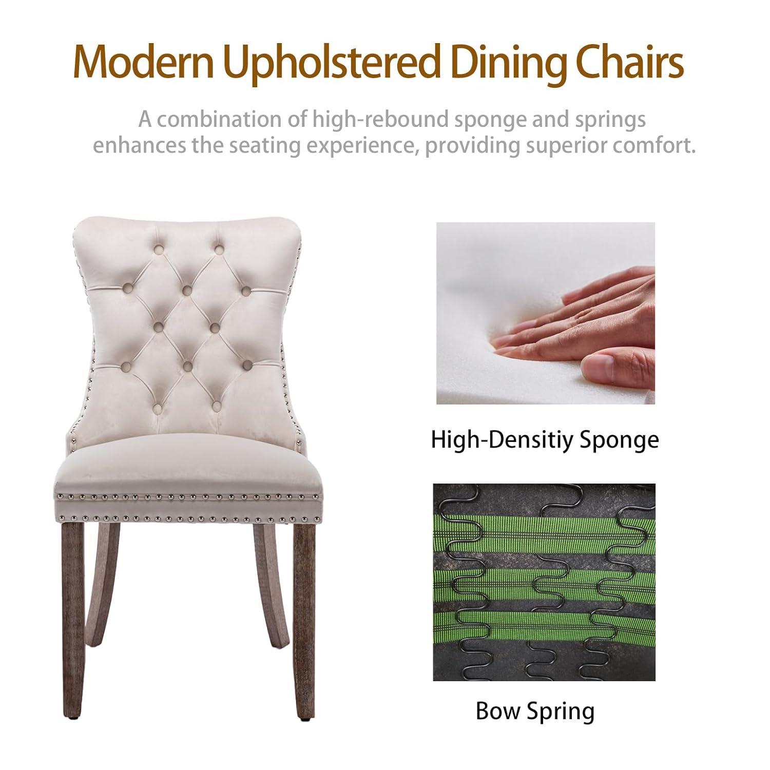 Beige Velvet Dining Chairs Set of 4, Upholstered Dining Room Chairs with Back Ring Pull Trim and Solid Wood Legs, Tufted Wingback Kitchen Chairs for Dining Room,Living Room,Kitchen(Beige)