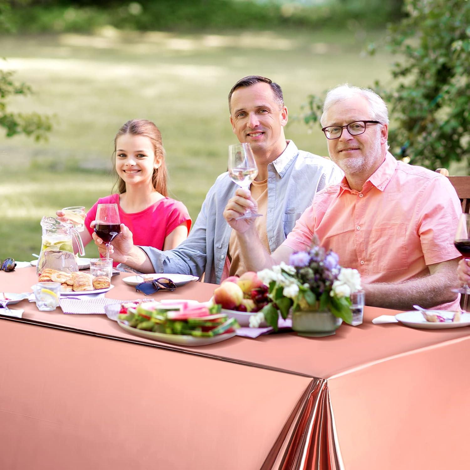 Sparkle and Bash 3 Pack Rose Gold Plastic Tablecloth, Metallic Table Cover Disposable for Pink Birthday Parties, Bridal Shower Decor, 54 x 108 In