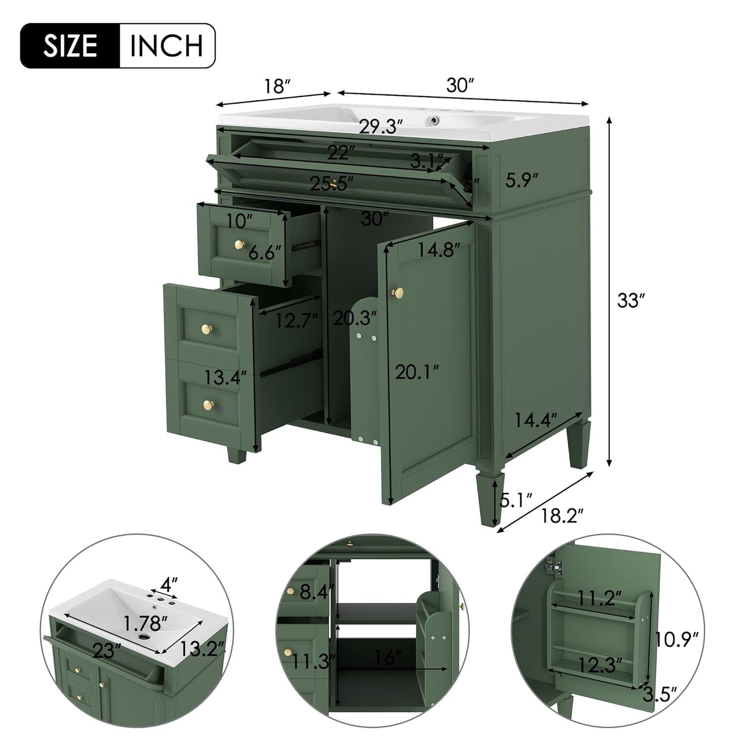 30 inch Bathroom Vanity with Top Sink, Modern Bathroom Storage Cabinet with 2 Drawers and a Tip-out Drawer, Freestanding Single Sink Bathroom Vanity, Green
