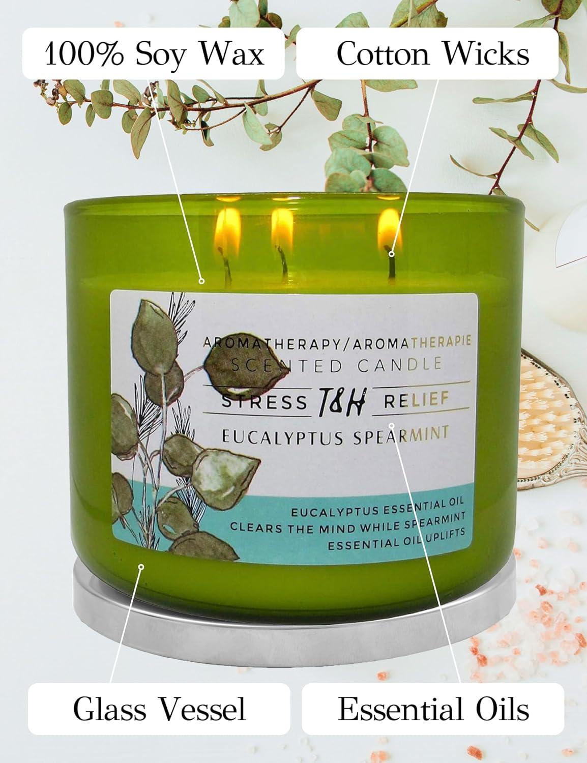 T&H Wholesalers Eucalyptus Spearmint Scented Soy Candle 3 Wick Aromatherapy Candle for Women and Men