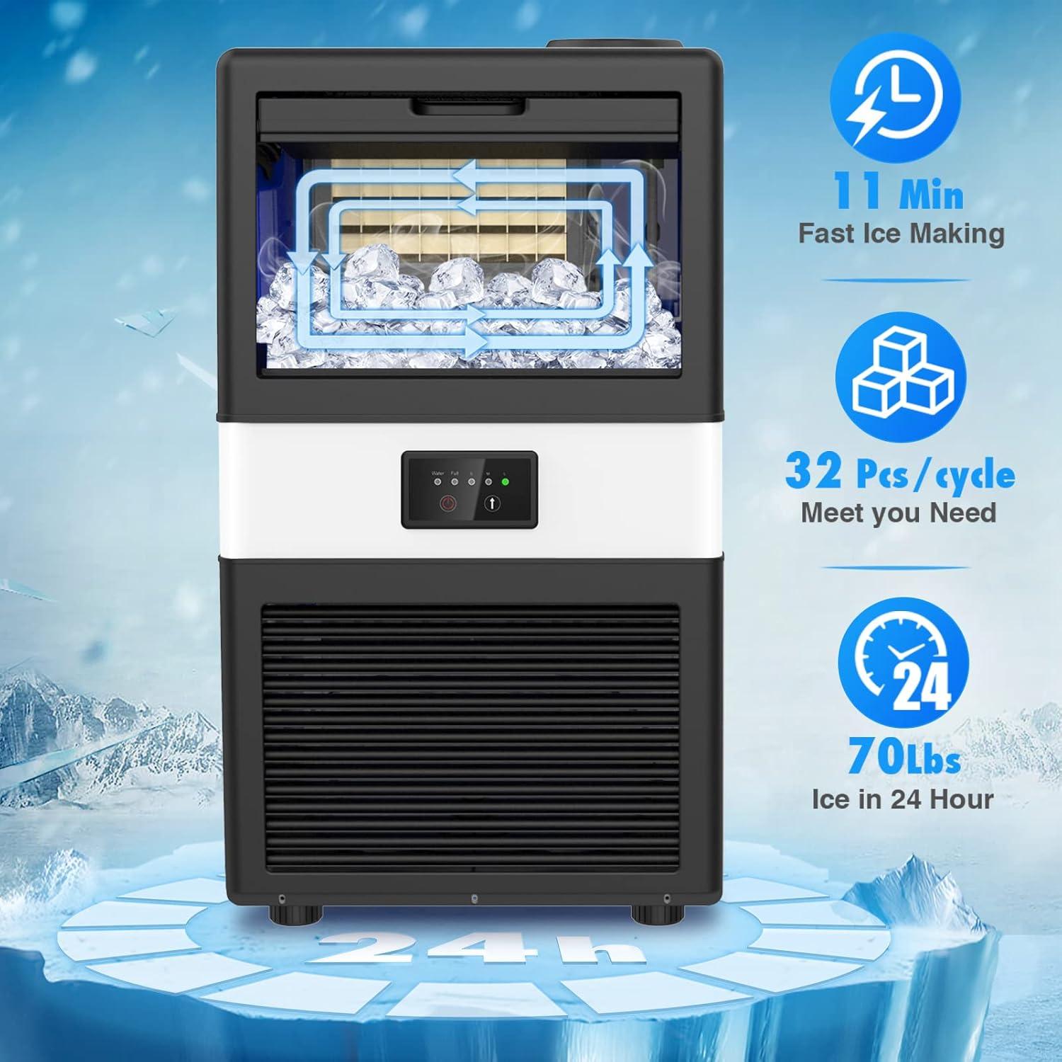 Commercial Ice Maker Machine, 70 LBS/24H Under Counter Large Ice Machine w/ 10 LBS Capacity Ice Storage Bin, 2 Water Inlet Modes, Freestanding & Built in Ice Maker for Bar/Home/Office/Shop, White
