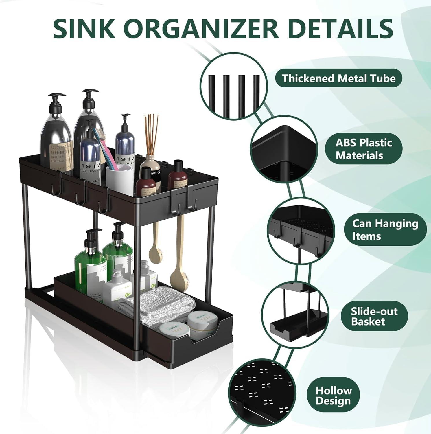 Kisportee 2 Pack Under Sink Organizer, 2 Tier Sliding Under Bathroom Cabinet Organizer with 10 Hooks and 4 Hanging Cups, Multi-Purpose Kitchen Counter Shelf, Black
