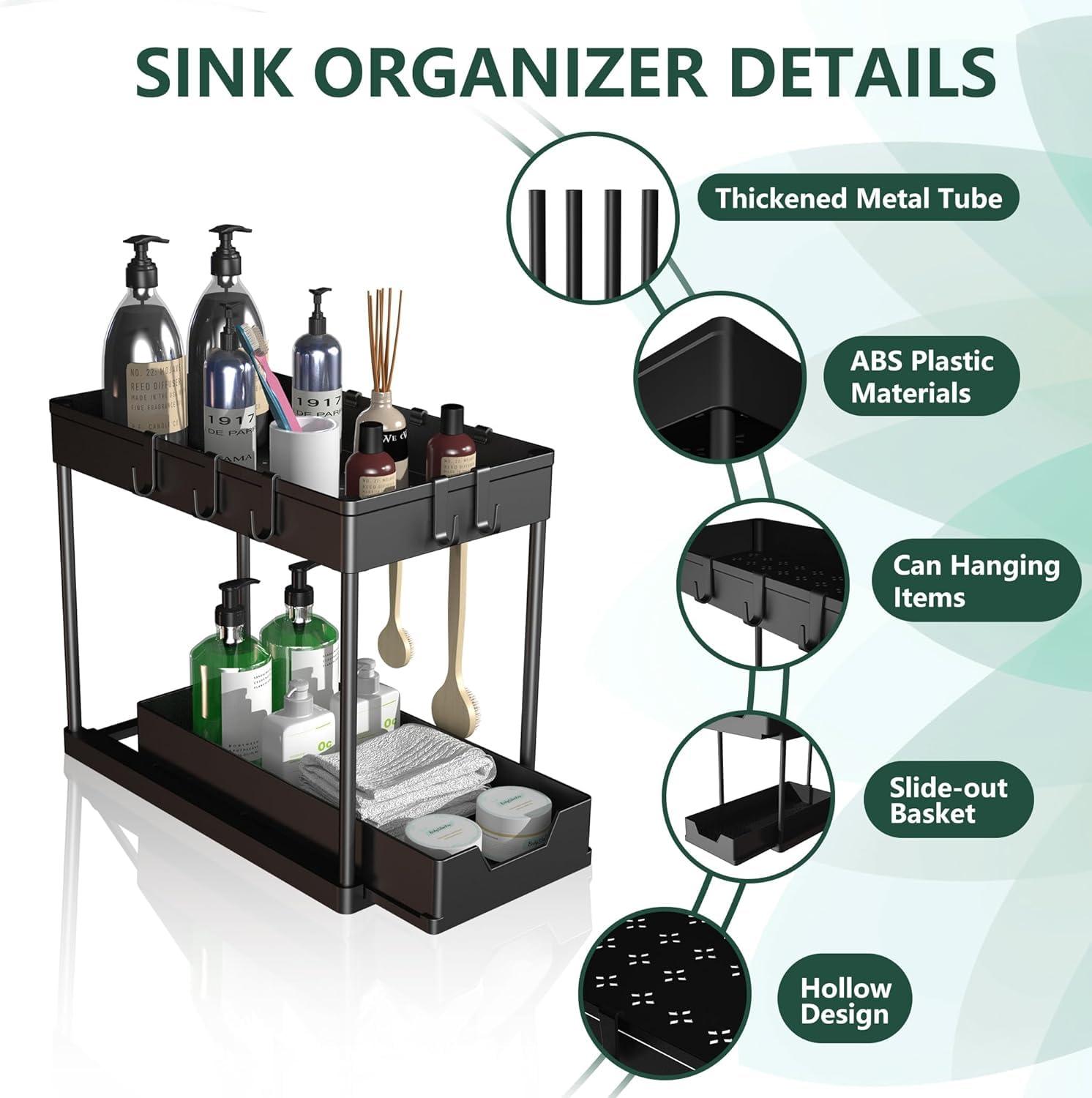 Kisportee 2 Pack Under Sink Organizer, 2 Tier Sliding Under Bathroom Cabinet Organizer with 10 Hooks and 4 Hanging Cups, Multi-Purpose Kitchen Counter Shelf, Black