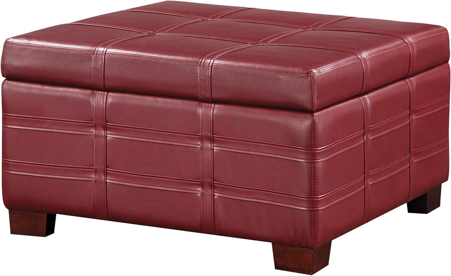 Detour Strap Square Storage Ottoman in Crimson Red Faux Leather