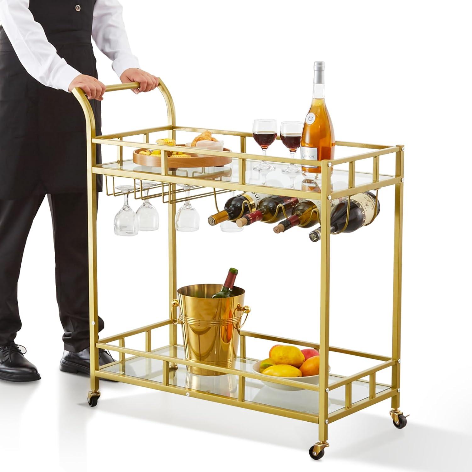 Gold Two-Tier Bar Cart with Wine Rack and Glass Shelves