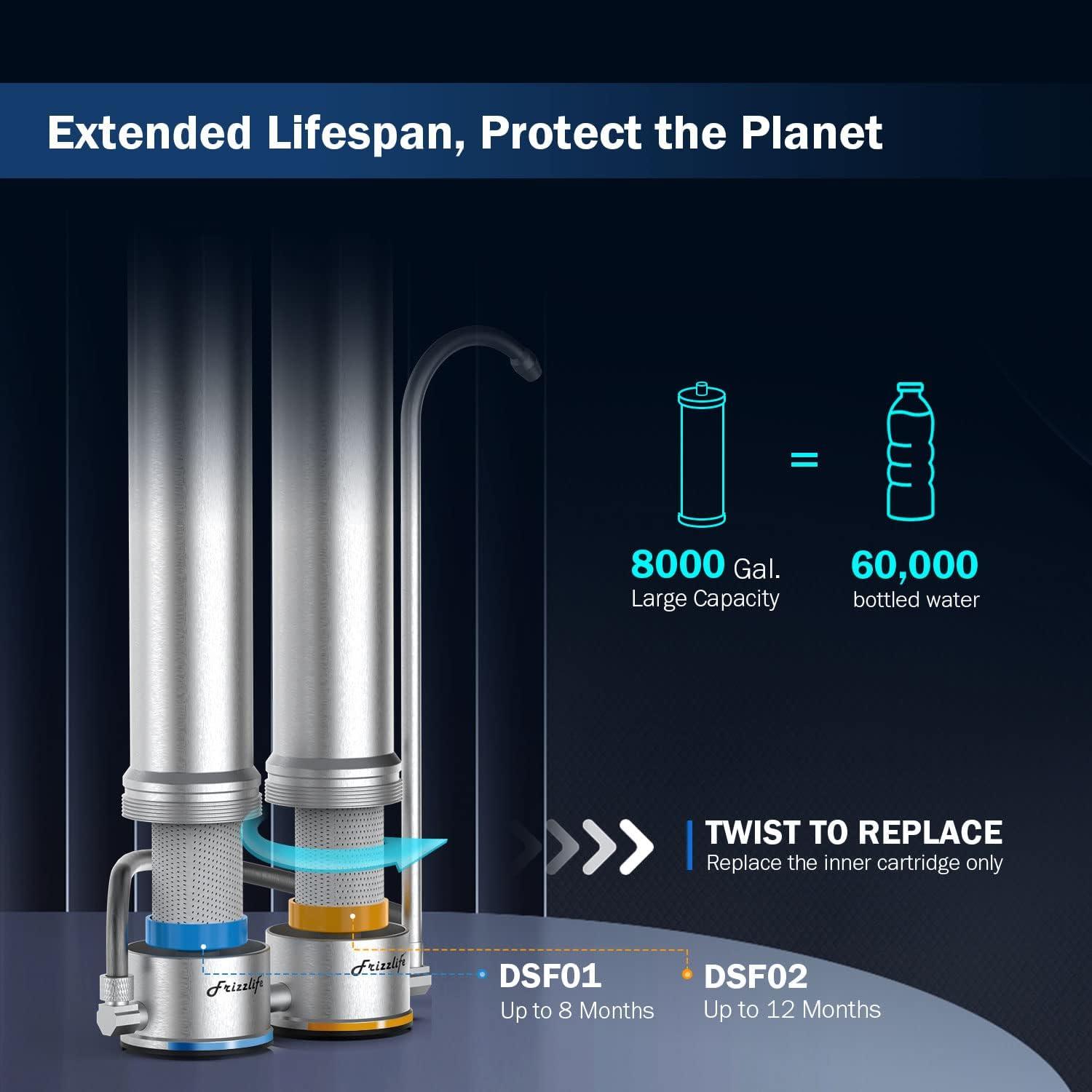Frizzlife DS99 Dual Countertop Water Filter System, 8-Stage Stainless Steel Faucet Water Filtration System