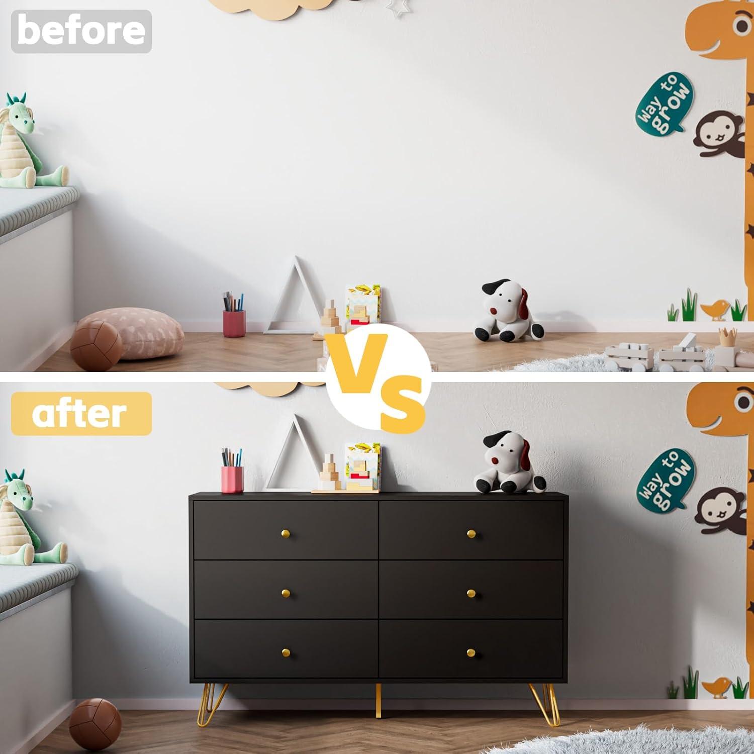 Black Dresser for Bedroom, Modern 6 Drawer Dresser, Wide Chest of Drawers with Gold Handles, Wood Double Dresser Storage Cabinet for Living Room, Bedroom, Hallway