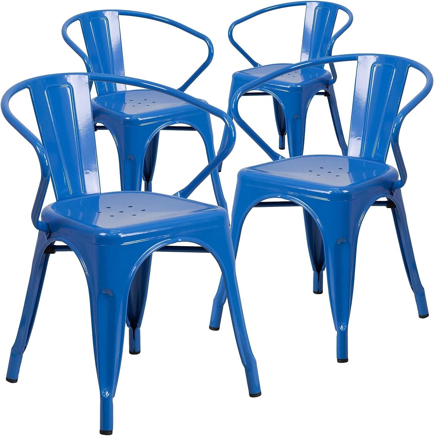 Flash Furniture Commercial Grade 4 Pack Blue Metal Indoor-Outdoor Chair with Arms