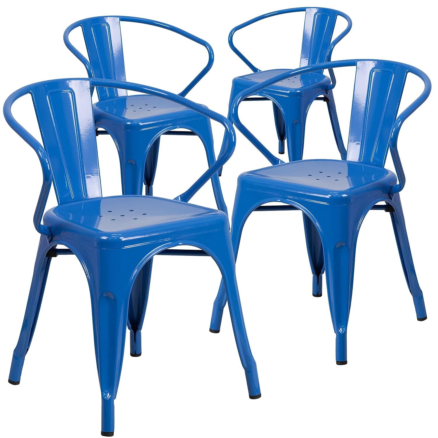 Flash Furniture Commercial Grade 4 Pack Blue Metal Indoor-Outdoor Chair with Arms