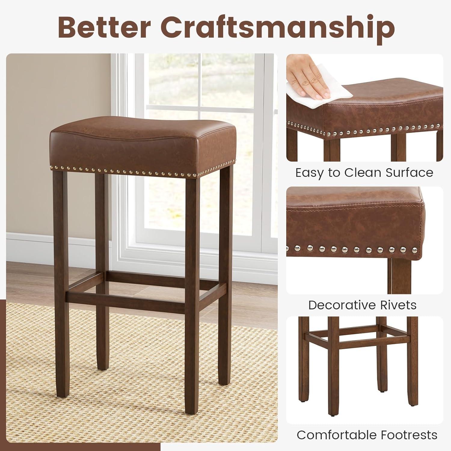 Resenkos Upholstered Bar Stools Set of 2 with Footrests for Counter-Brown, Bar Height Stools, Bar Stools for Kitchen Island for Kitchen, Dining Room