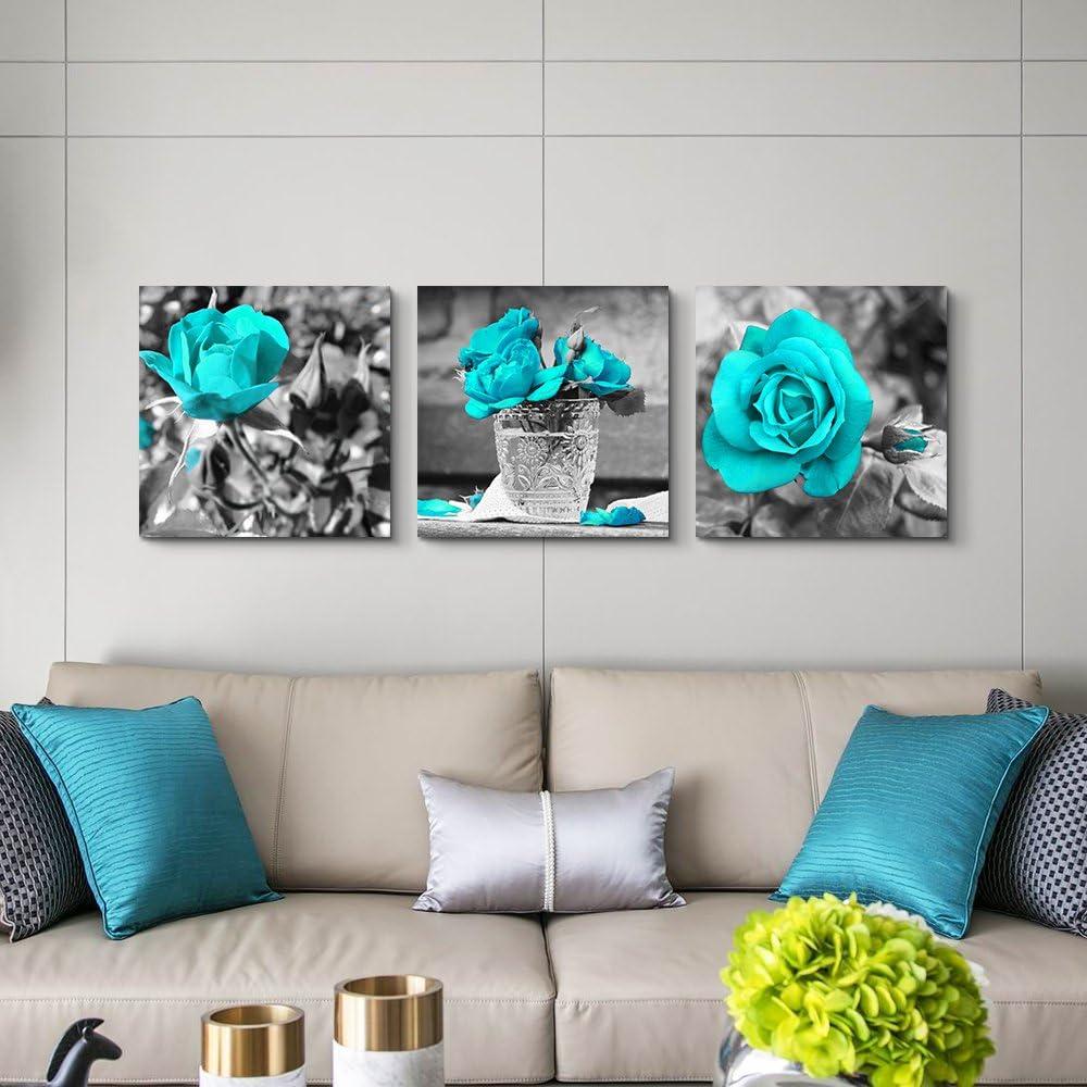 Canvas Wall Art For Bedroom Wall Decor For Living Room Black And White Wall Paintings Blue Rose Flowers Pictures Watercolor Giclee Canvas Prints Ready To Hang Room For Girls Home Decoration 3 Piece