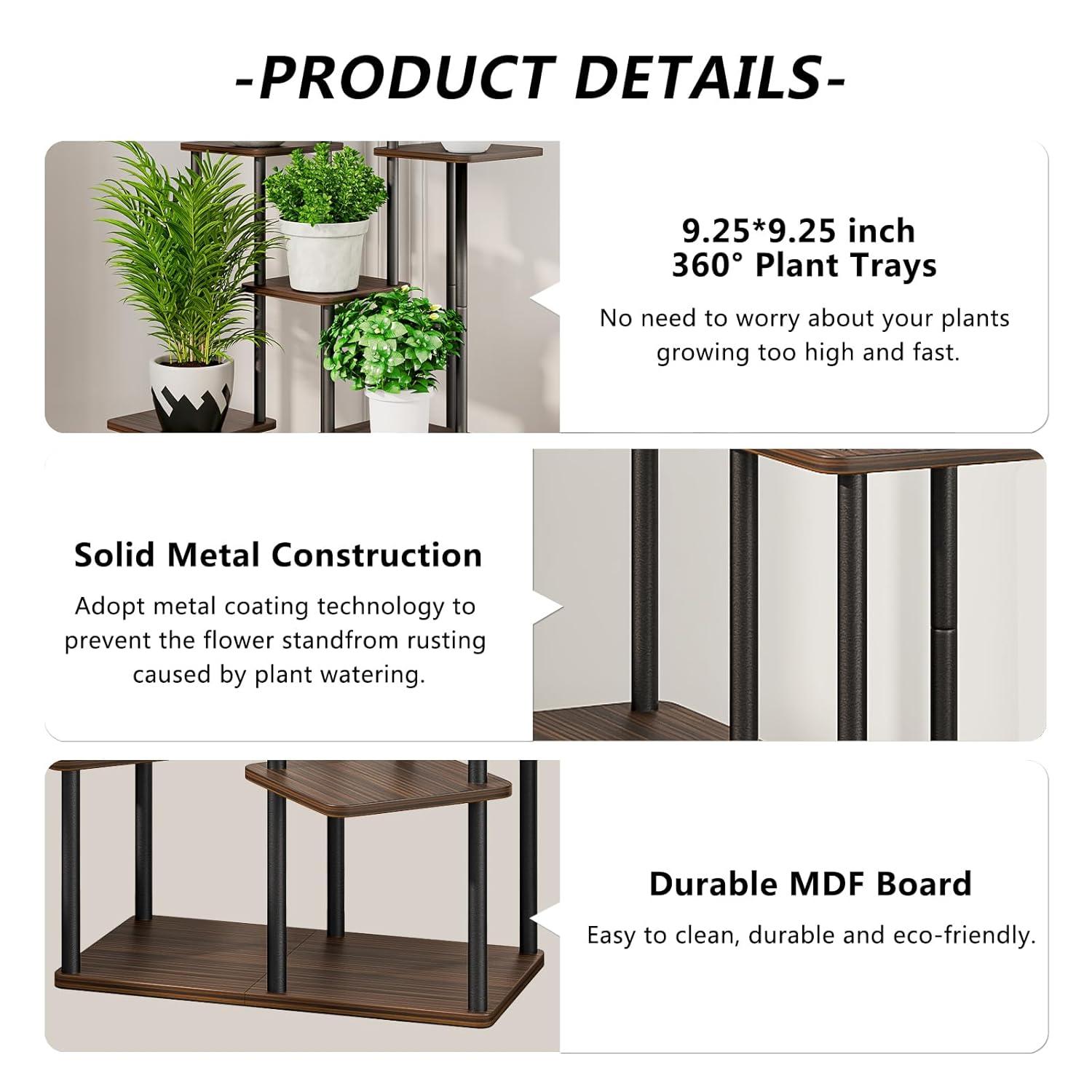 AZERPIAN Plant Stand 7 Tier Indoor Metal Flower Shelf for Multiple Plants Corner Tall Flower Holders for Patio Garden Living Room Balcony Bedroom, Black Oak