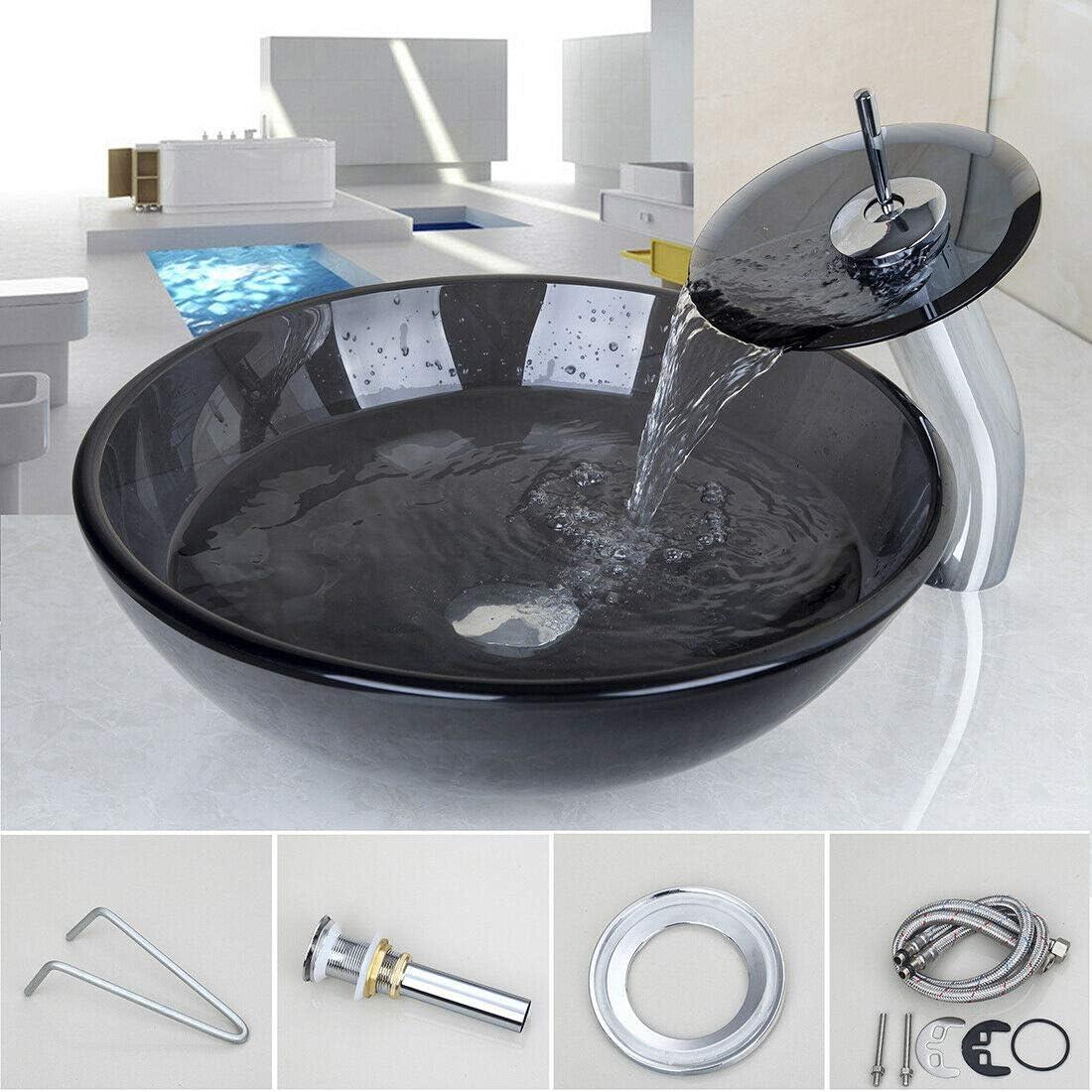 Black Glass Vessel Sink With Faucet And Drain 16 inch Round Tempered Glass Bathroom Basin Above Counter Transparent Clear Black Glass Bowl Sinks For Bathrooms Vanity Top