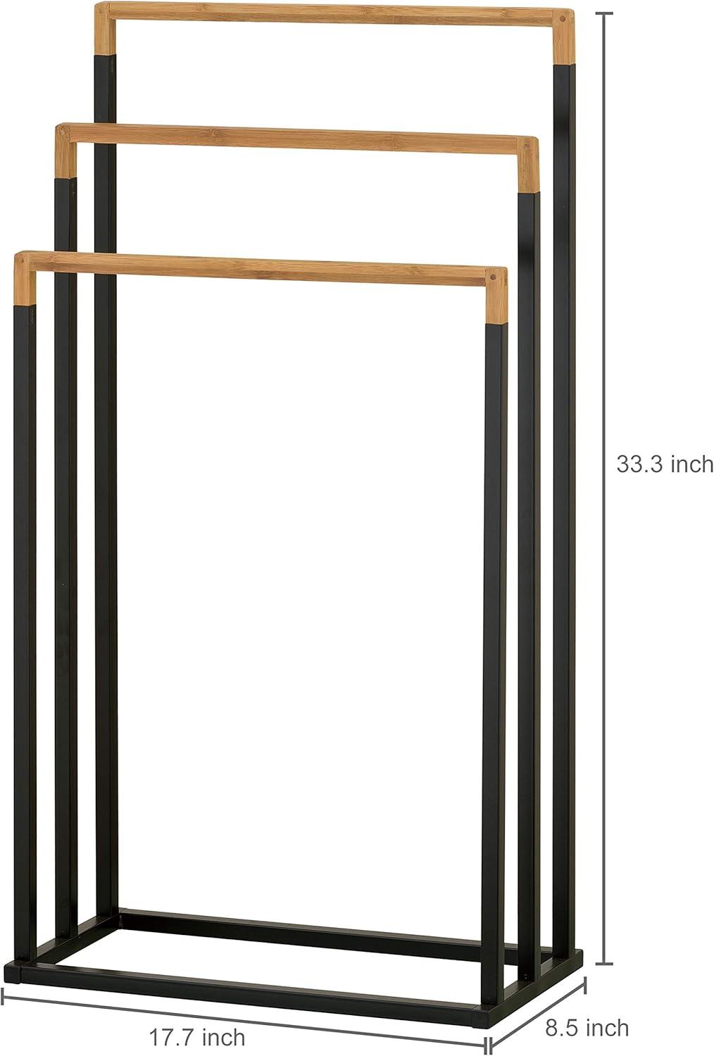 MyGift 33 Inch Black Chrome Plated Metal Freestanding Bathroom Towel Rack Stand with 3 Tier Bamboo Wood Bar, Laundry Room Drying Rack Stand