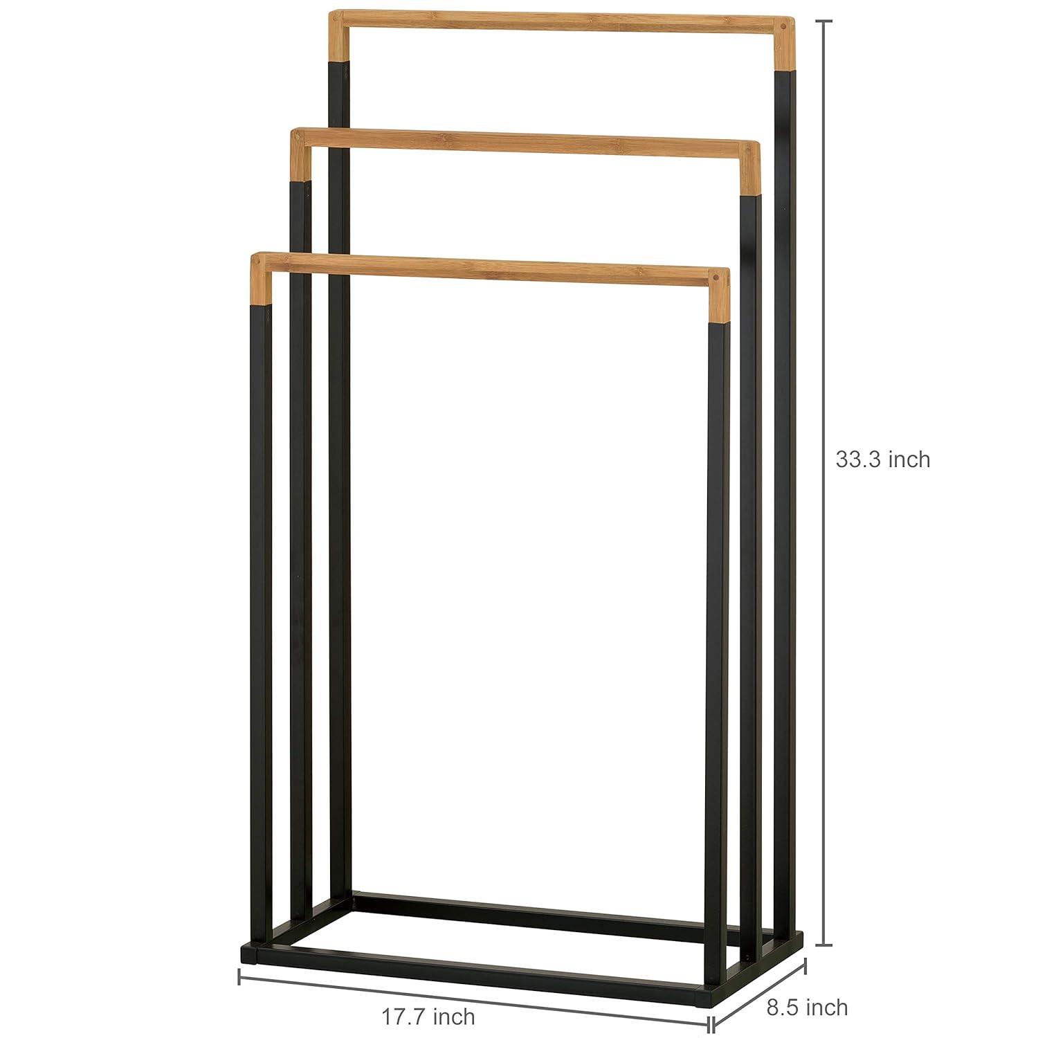 MyGift 33 Inch Black Chrome Plated Metal Freestanding Bathroom Towel Rack Stand with 3 Tier Bamboo Wood Bar, Laundry Room Drying Rack Stand