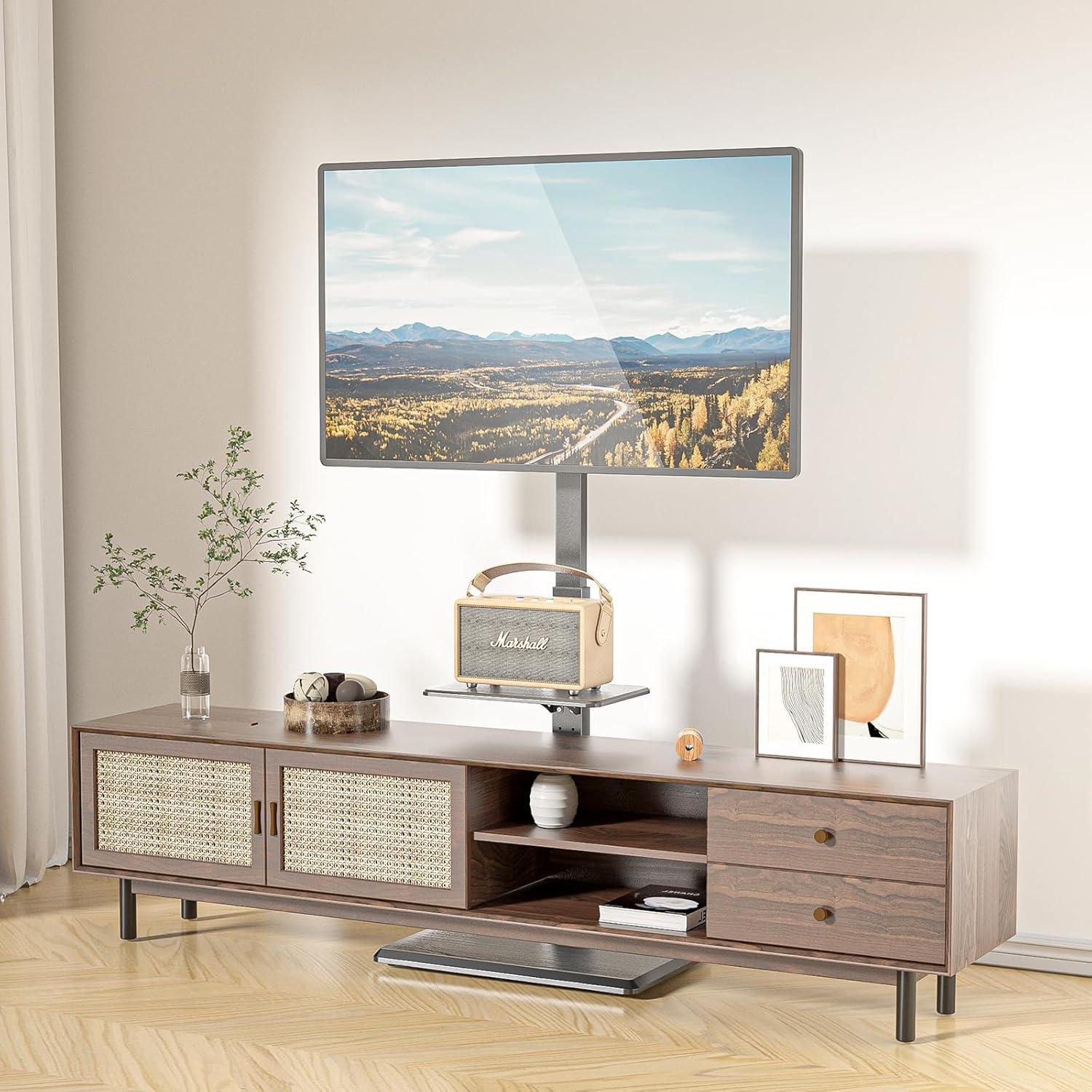 WALI Floor TV Stand with Power Outlet & AV Shelf, Tall TV Stand Mount for 32-75 inch TV up to 110 lbs, Swivel and Height Adjustable TV Stands with Wood Base for Bedroom, Office(TVDVD-6P), Black