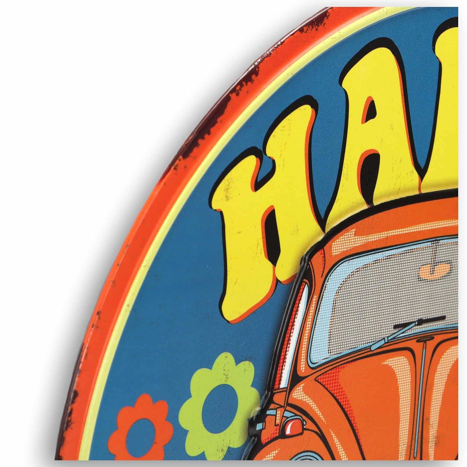 Volkswagen Happy Hippy Round Metal Sign - Fun VW Beetle Sign for Garage or Man Cave