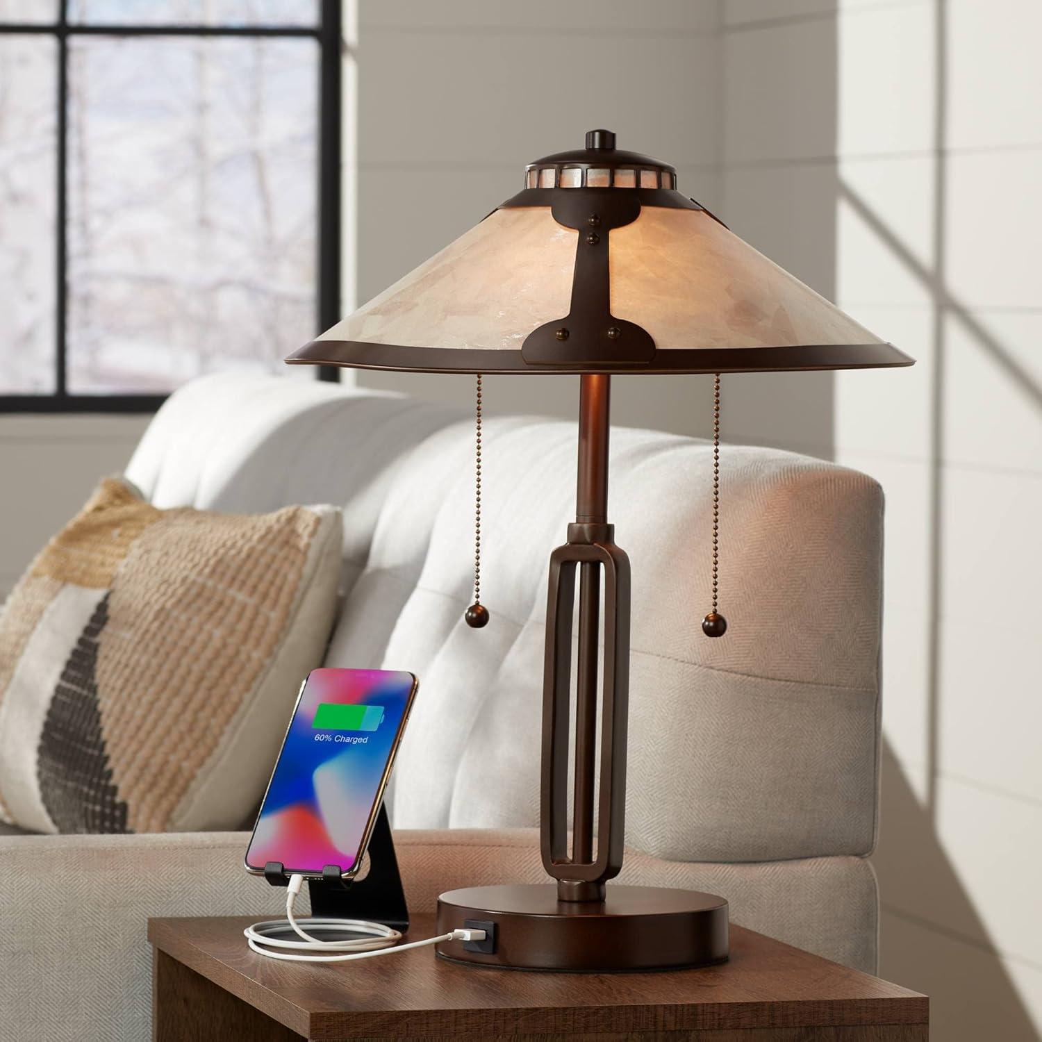 Franklin Iron Works Samuel Industrial Desk Lamp 20" High Rubbed Bronze with USB Charging Port Natural Mica Shade for Bedroom Living Room Bedside Desk
