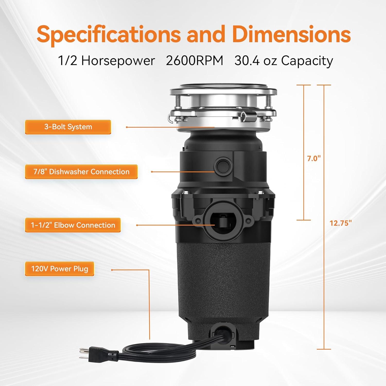 TECASA 1/2 Hp Garbage Disposals, 2600 Rpm, 30.4 Oz, 115v, With Power Cord