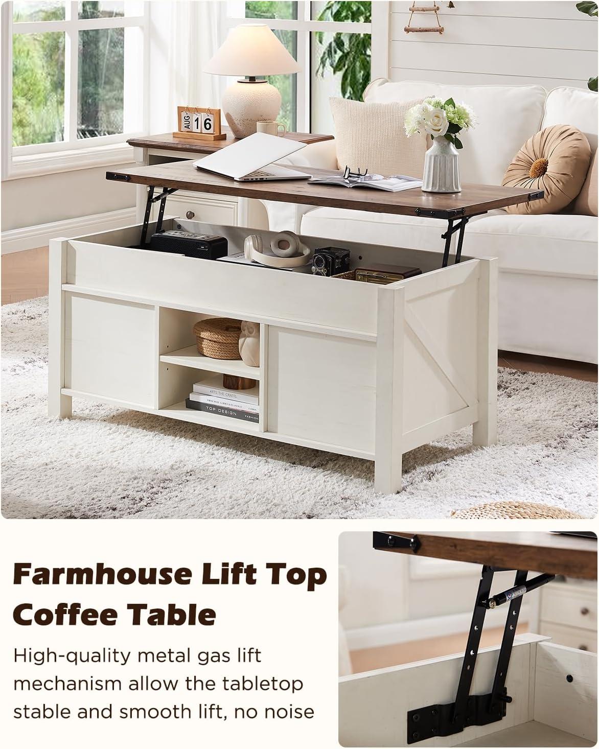 OKD 48" Farmhouse Lift Top Coffee Table with Sliding Barn Door & Adjustable Shelf, Antique White