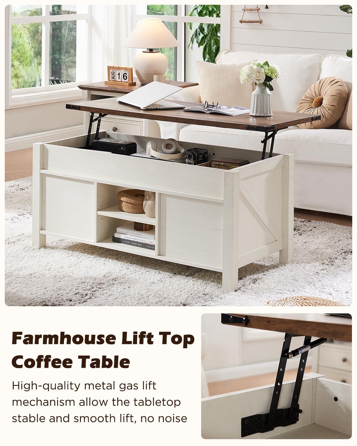 OKD Farmhouse Sturdy Coffee Table with Sliding Barn Doors and Storage Shelves for Living Room, Den, Family Room, or Office, Reclaimed Barnwood