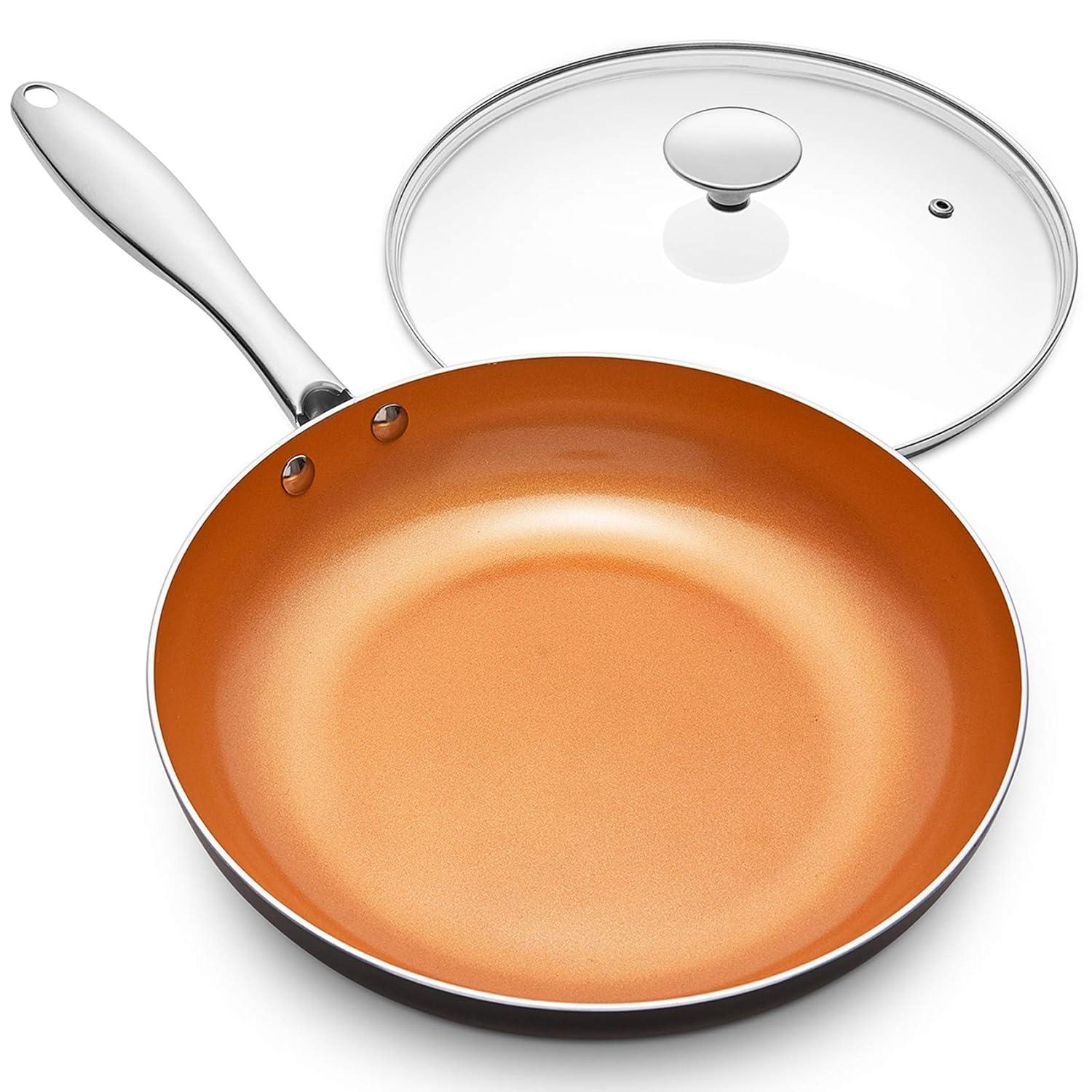 MICHELANGELO 10 Inch Copper Nonstick Frying Pan with Lid, Scratch Resistant Ceramic Coating, Oven and Dishwasher Safe