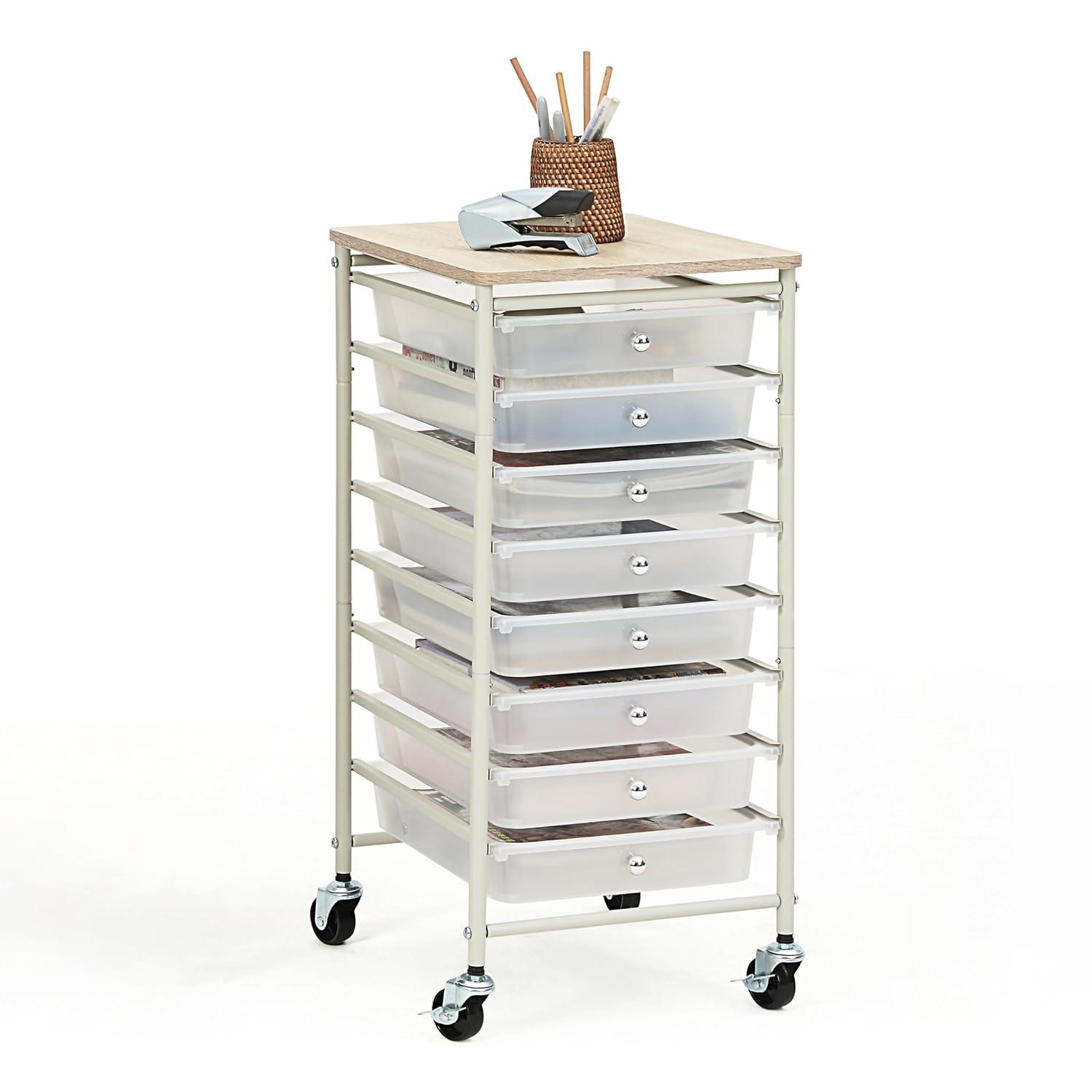 SunnyPoint 8-Drawer Rolling Storage Cart with Wooden Top – Mobile Organizer with Lockable Wheels for Office, Home, and Closet Storage (White)