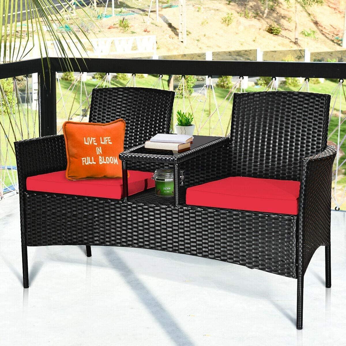Tangkula Outdoor Rattan Furniture Wicker Patio Conversation Chair W/Cushion Red