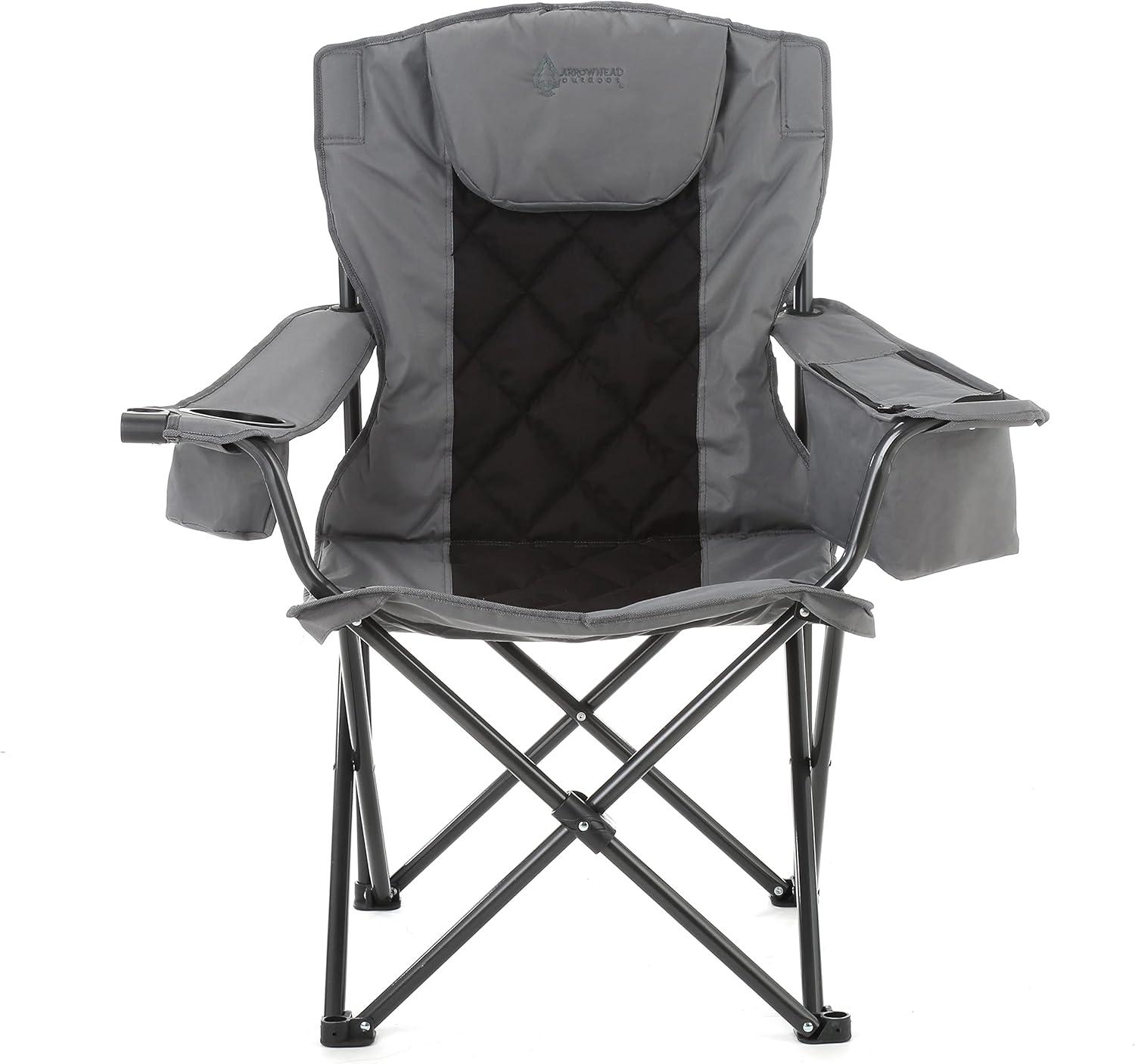 ARROWHEAD OUTDOOR Folding Camping Quad Chair w/ 6-Can Cooler, Cup & Wine Glass Holders, w/ Carrying Bag, Gray