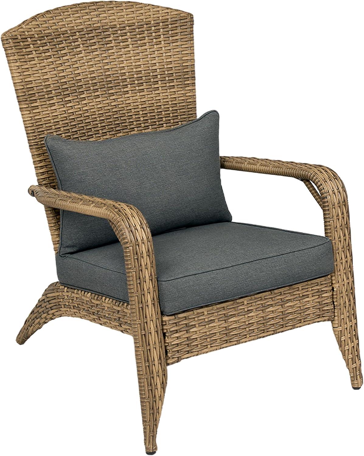 Outsunny Patio Adirondack Chair with All-Weather Rattan Wicker, Soft Cushions, Tall Curved Backrest for Deck or Garden, Light Gray