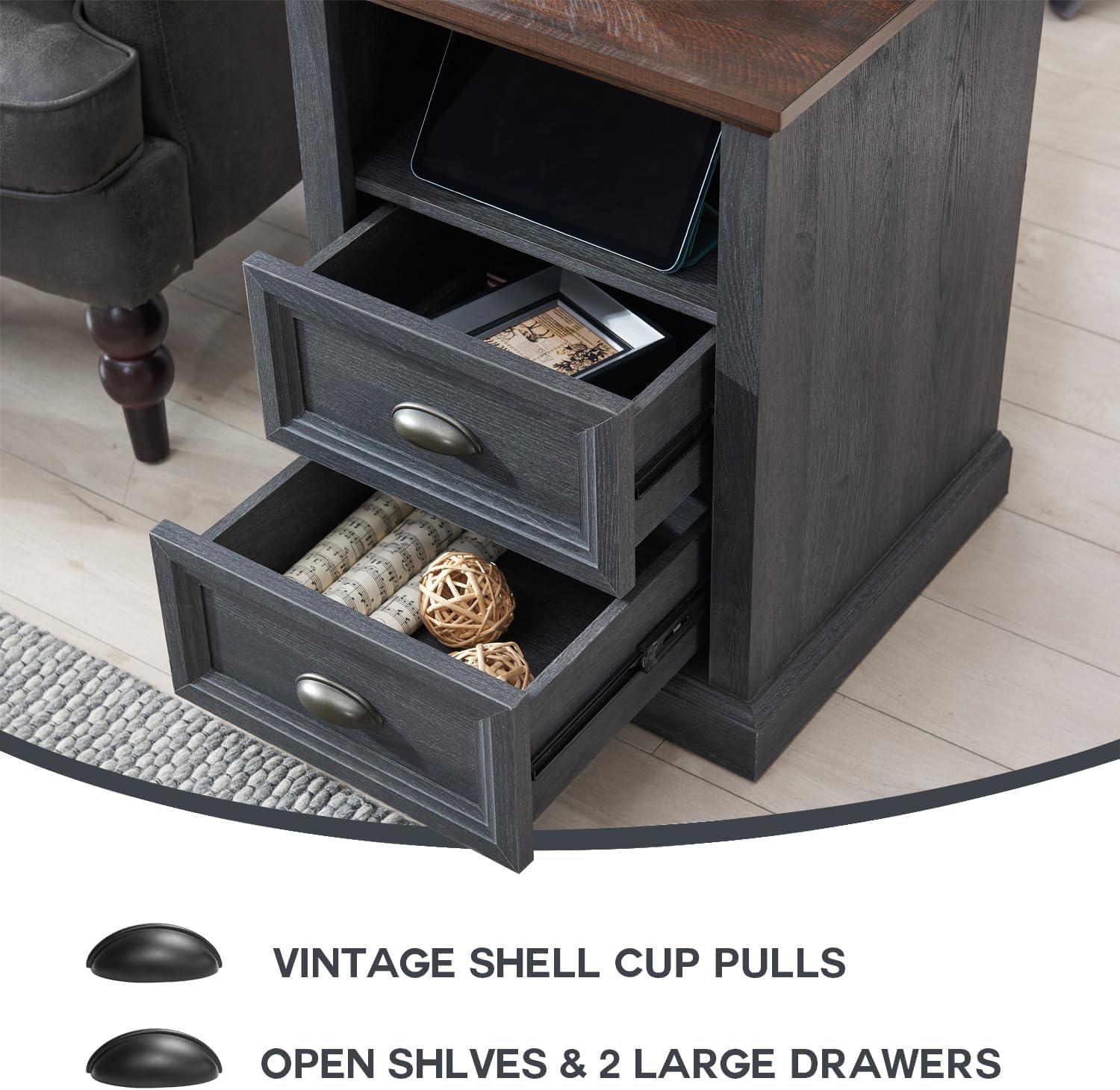 Dark Gray 2-Drawer Wood Nightstand with Charging Station