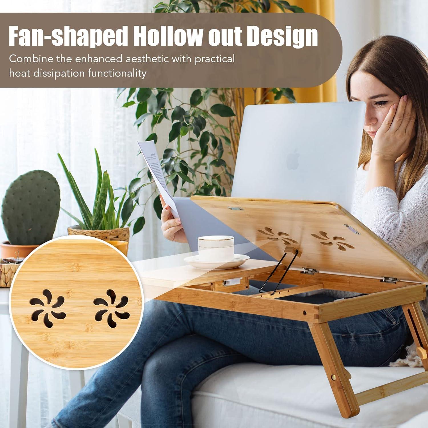 Bamboo Laptop Lap Tray with Adjustable Legs and Tilting Heat-dissipation Top-Natural