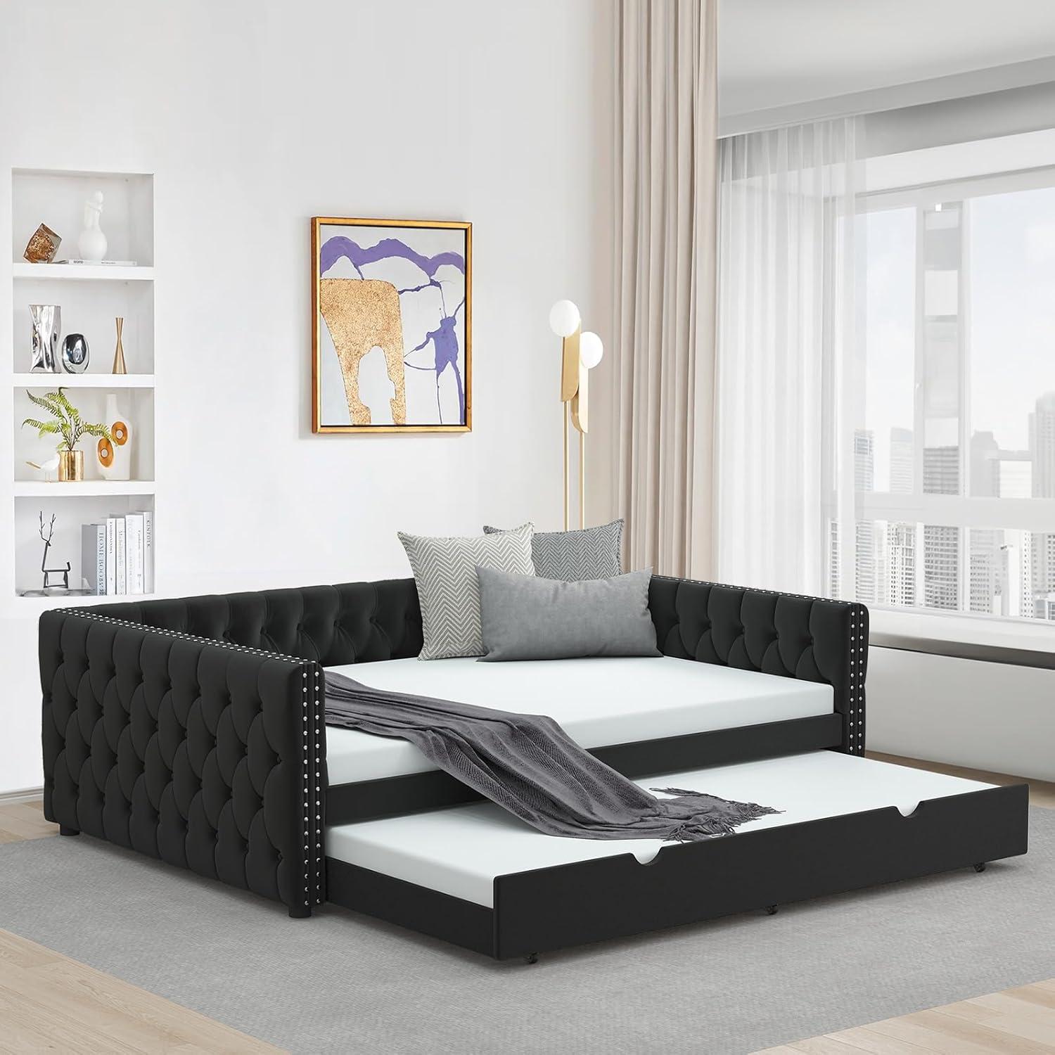 KNeretva Velvet Full Daybed with Twin Trundle, Modern Upholstered Full Size Day Bed Button-Tufted Sofa Daybed Frame (Black)