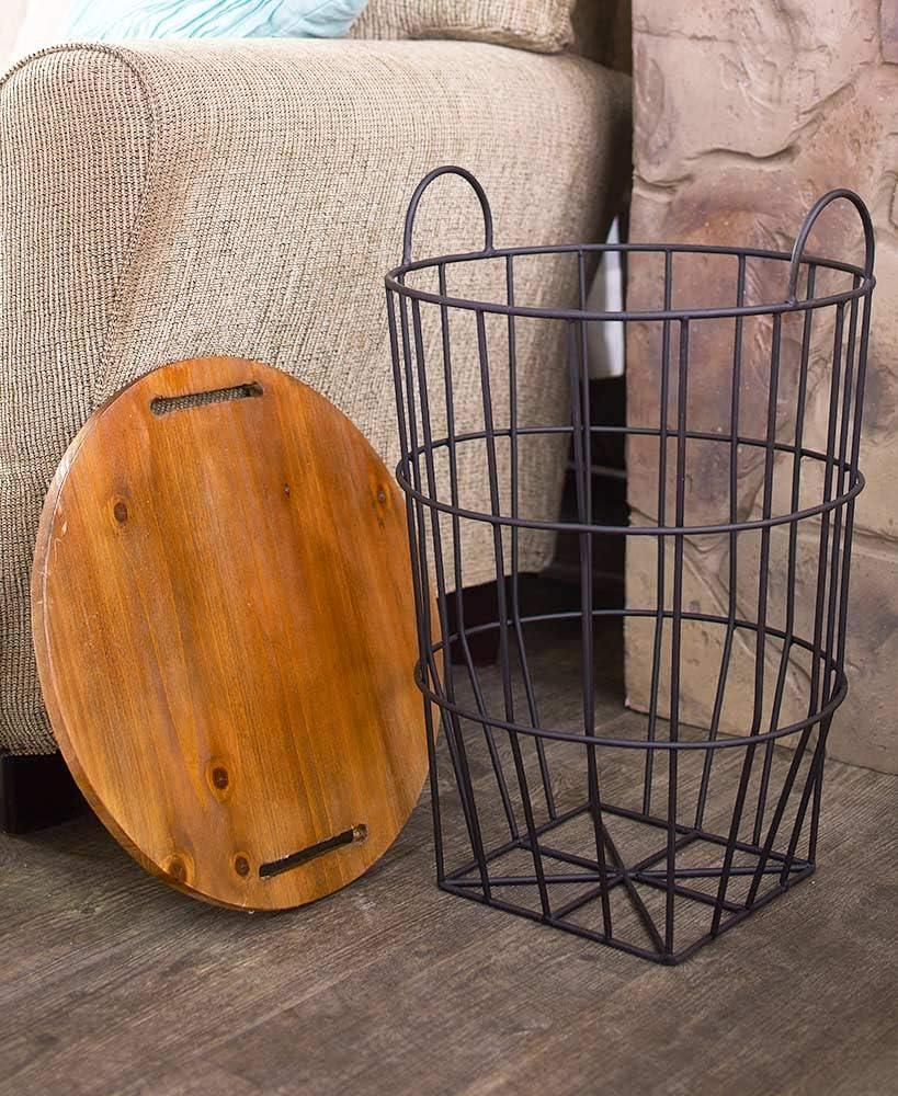 The Lakeside Collection Metal Storage Basket Side Table with Carrying Handles and Wooden Lid