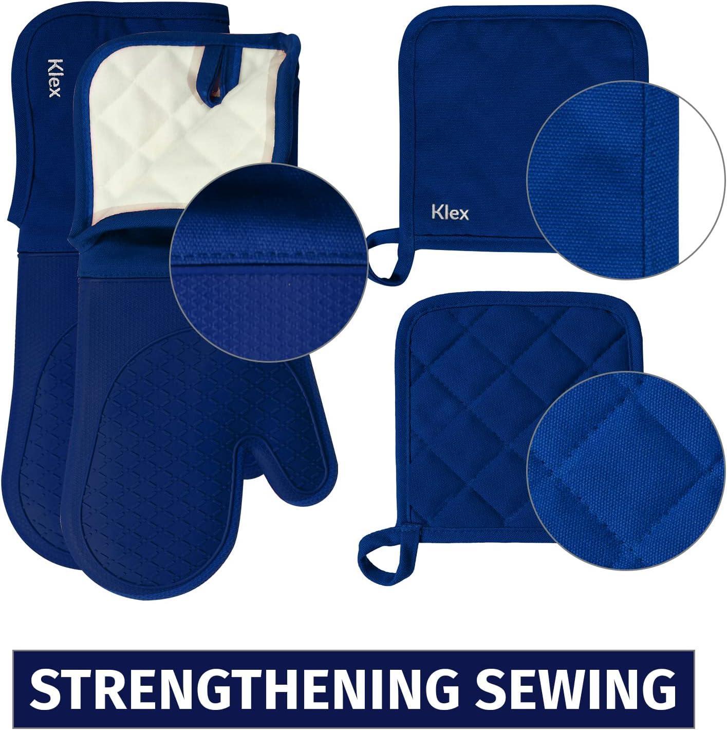 KLEX 15" Silicone Oven Mitts and Cotton Potholders 4pcs Set, 932°F Heat Resistance, Blue