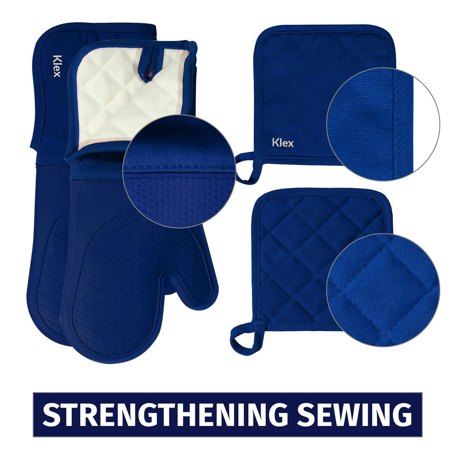 KLEX 15" Silicone Oven Mitts and Cotton Potholders 4pcs Set, 932°F Heat Resistance, Blue