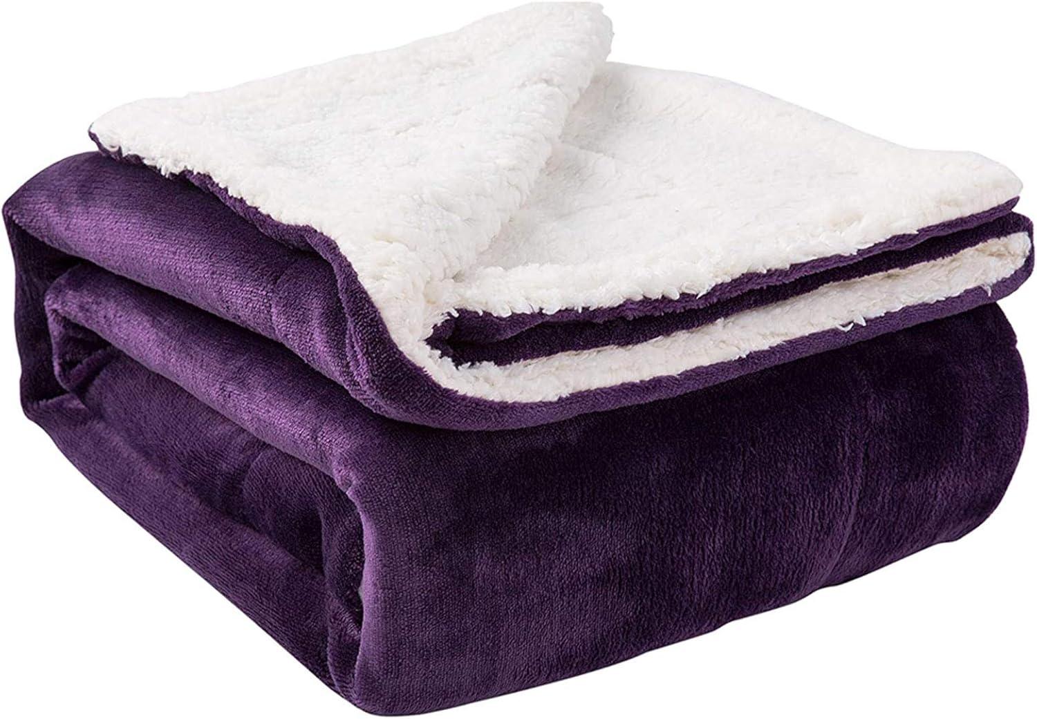 Purple and White Reversible Sherpa Fleece Throw Blanket