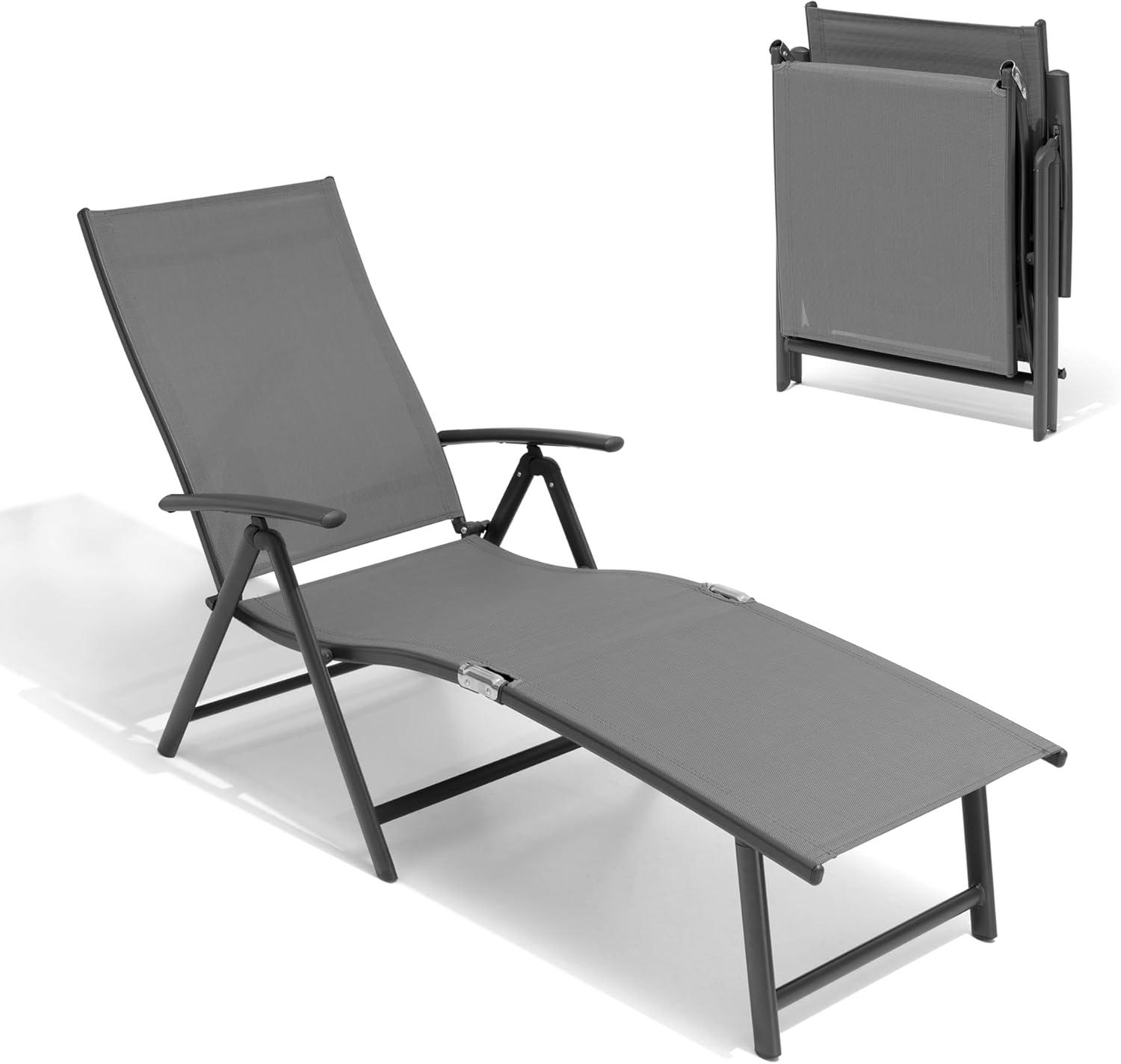 Crestlive Products Outdoor Adjustable Aluminum Patio Folding Chaise Lounge Chair Gray
