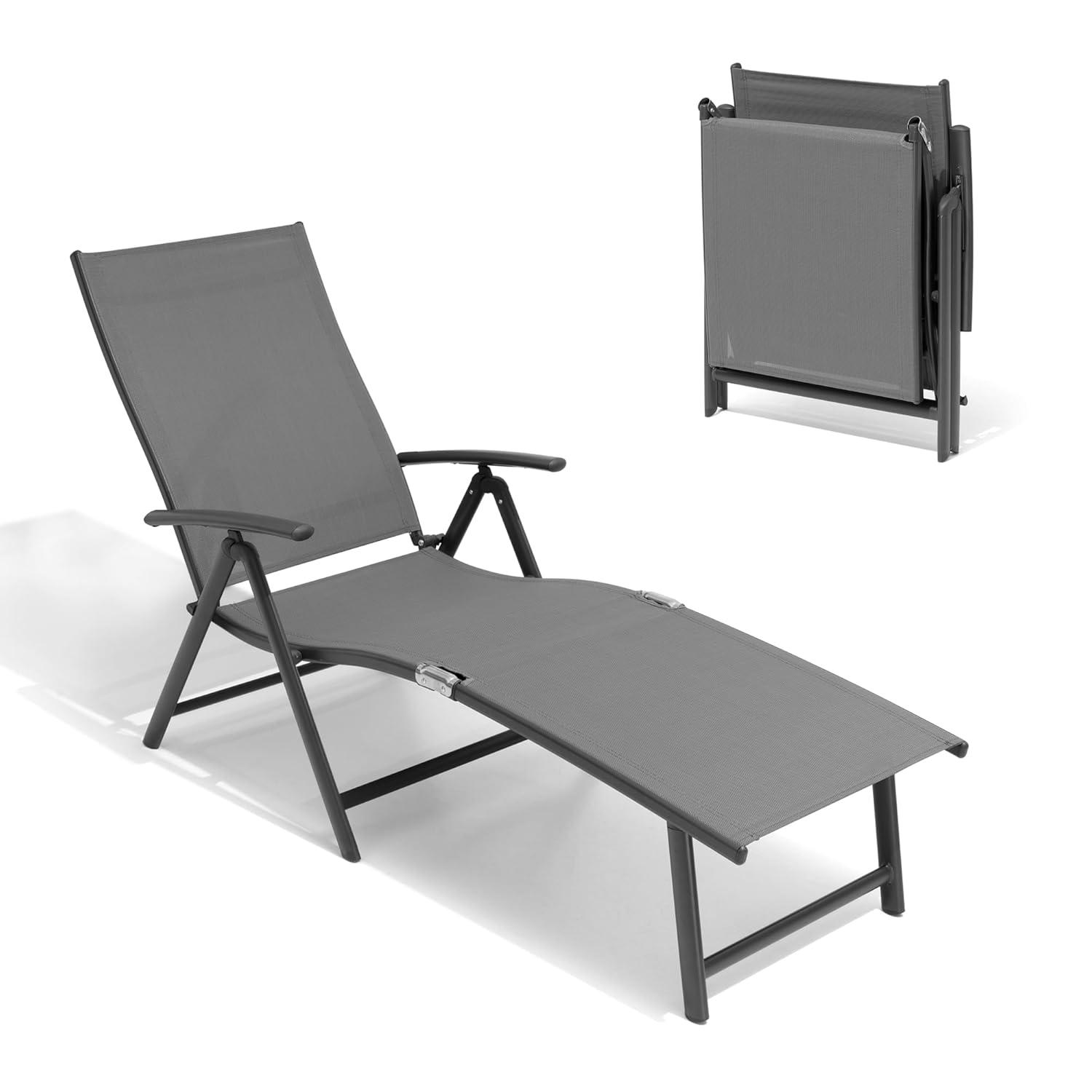 Crestlive Products Outdoor Adjustable Aluminum Patio Folding Chaise Lounge Chair Gray
