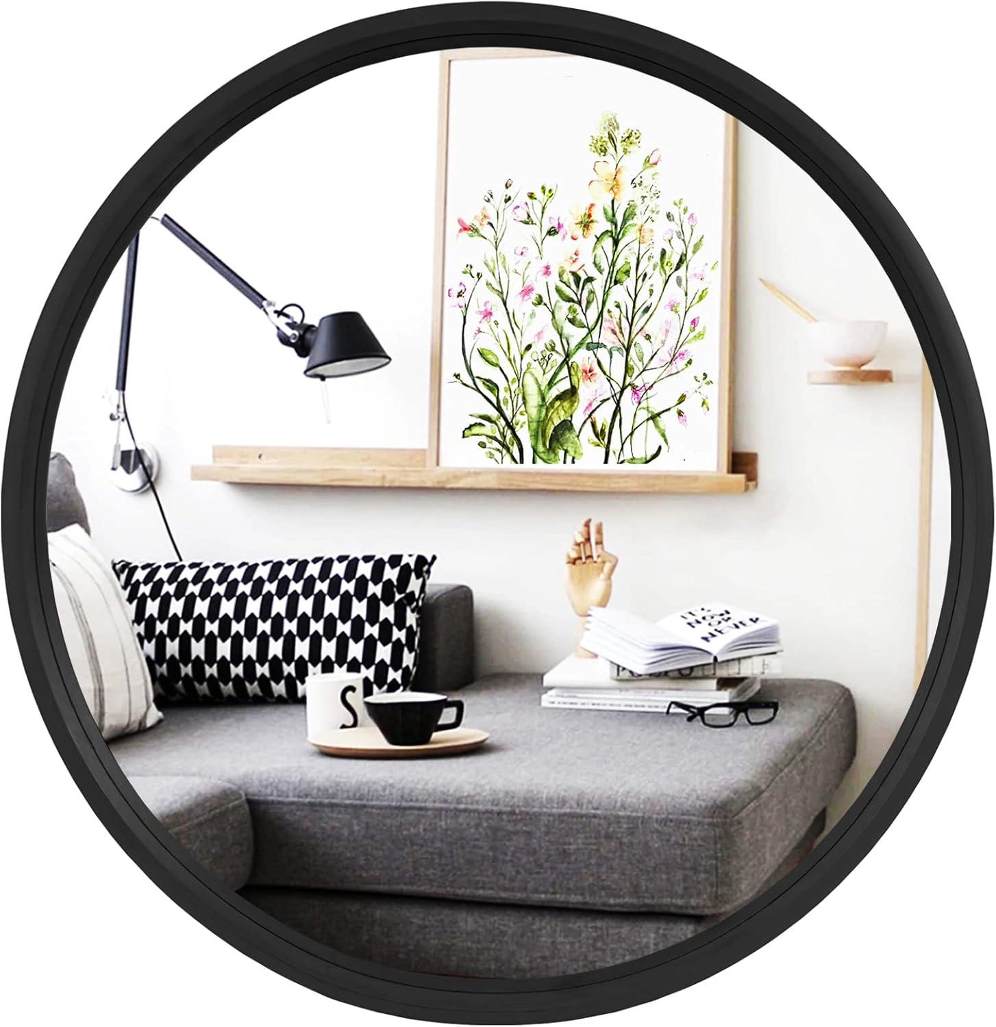 Walnut Round Pine Wood Mirror, 32" Diameter