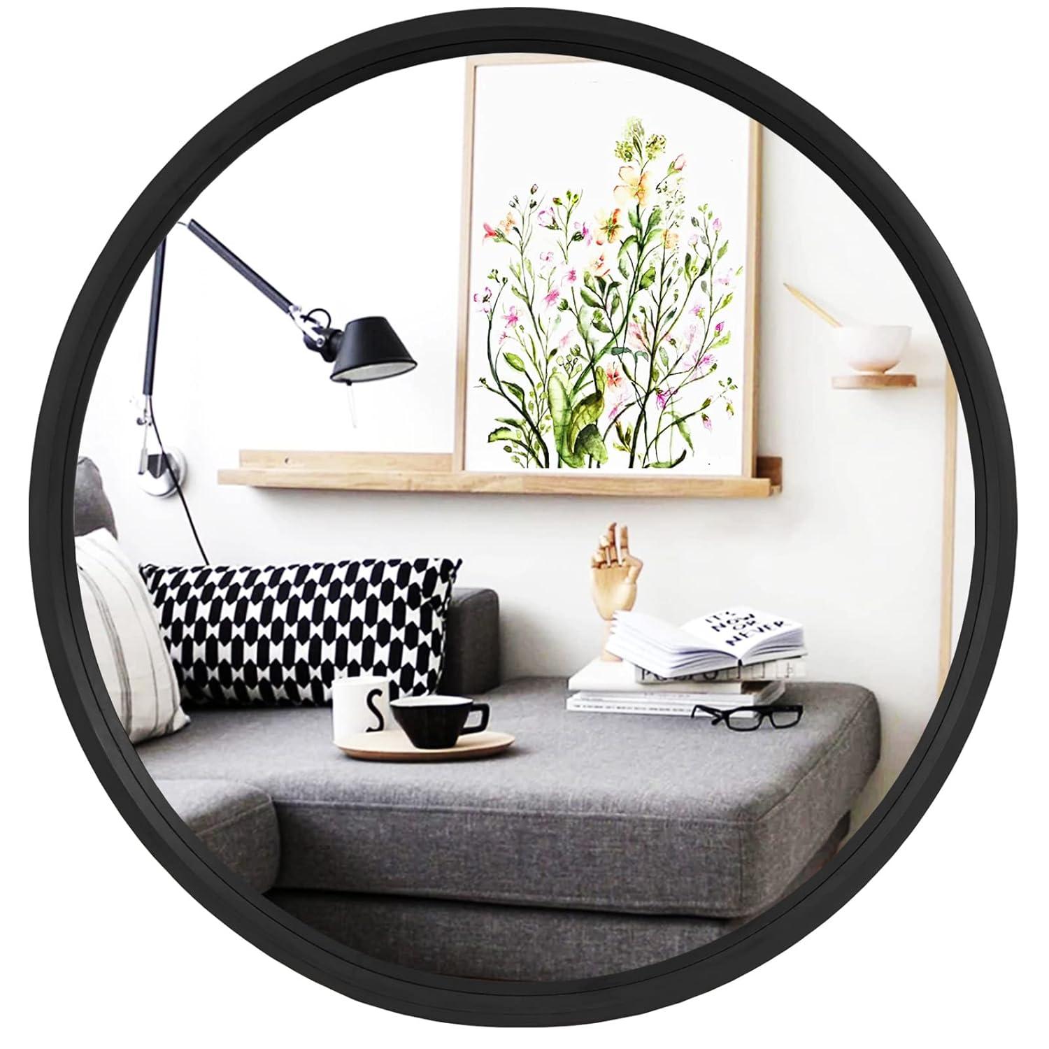 Walnut Round Pine Wood Mirror, 32" Diameter